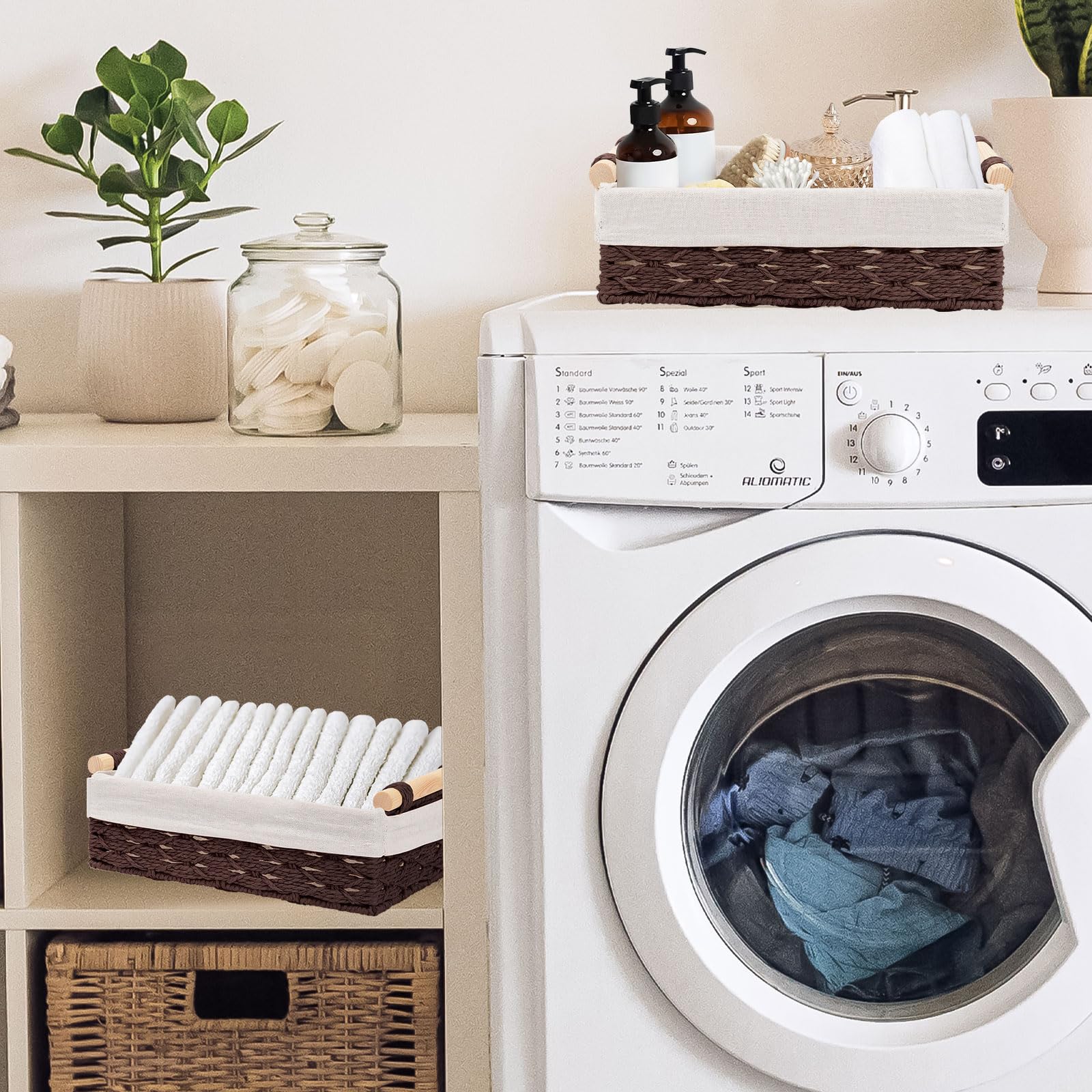 Cestini Bagno Portaoggetti, Set di 2 Cesto Portaoggetti Intrecciato con Maniglia, Cestino Vimini Piccolo, Scatola di Stoccaggio del Bagno, Impilabile, Adatti per Bagno, Camera da Letto e Armadi
