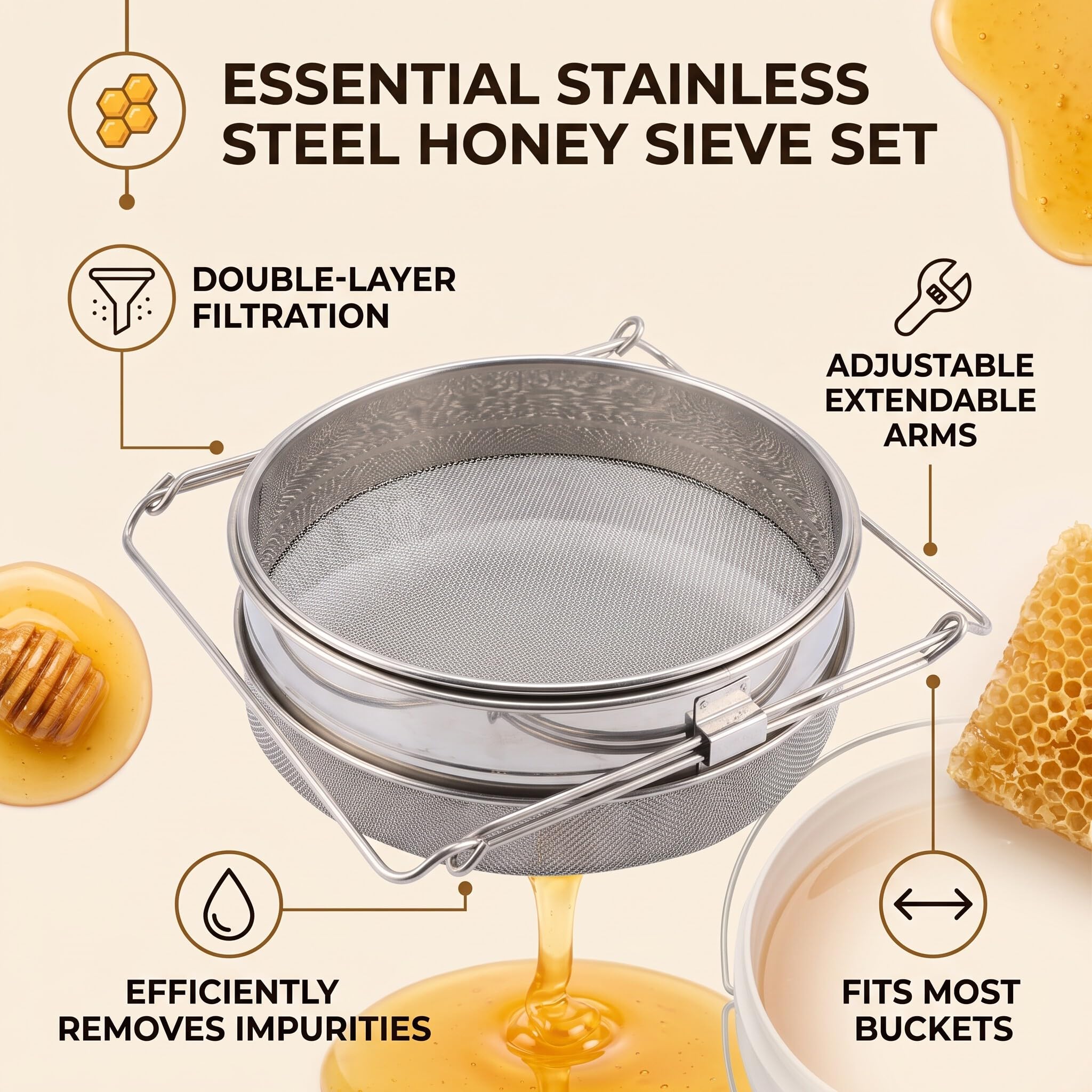 Filtre à Miel Double en Acier Inoxydable 24cm, Tamis à Miel avec Bras Réglables 9-16”, Passoire pour Apiculture, Équipement de Filtration pour Extracteur de Miel et Seau 5 Gallons