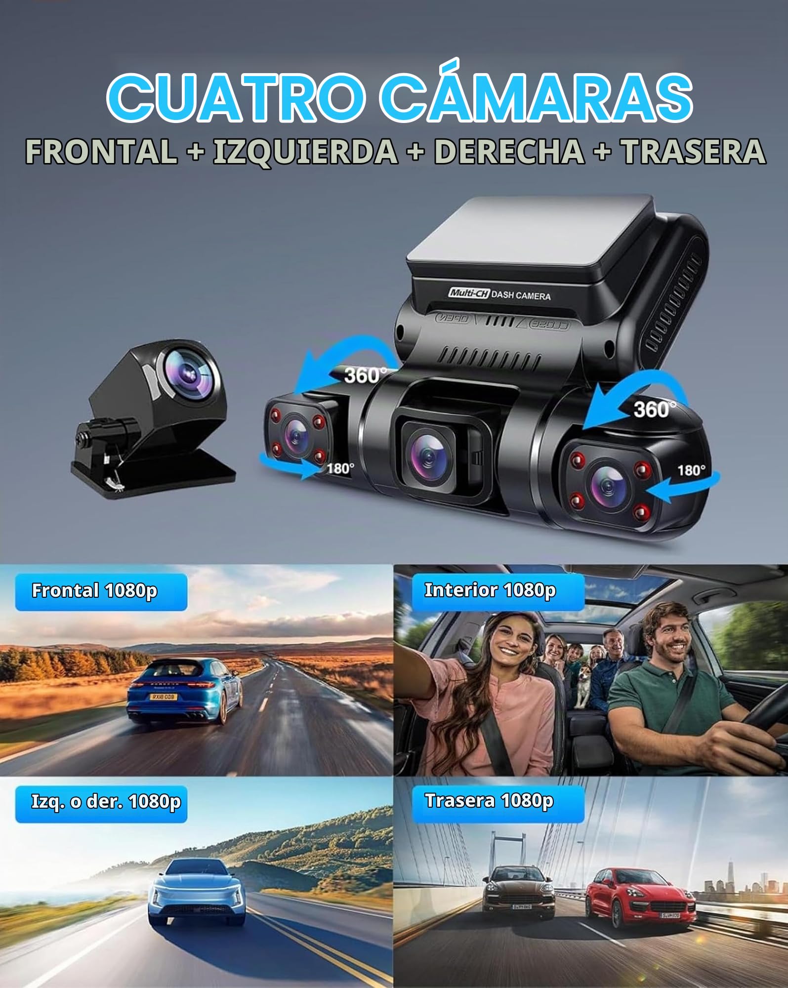 4 Lentes Dashcam 4x1080P Frontal,Lzquierda,Derecha y Trasera Cámara de Coche con GPS WiFi Monitor de Aparcamiento,Lnfrarrojos Visión Nocturna 150° Dash CAM,Pantalla de 3 Pulgadas Gratis 128GB