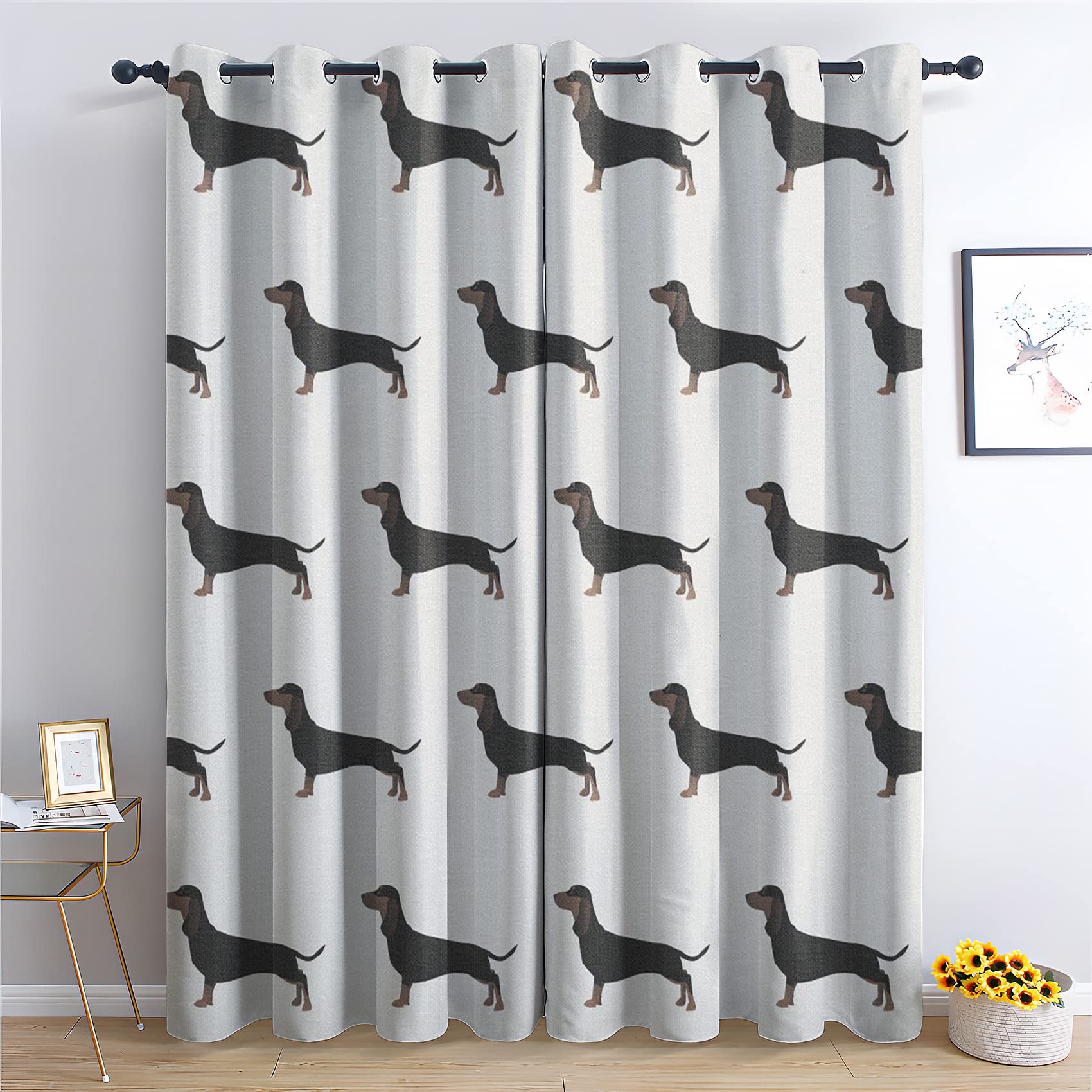GEDAEUBA Dachshund Curtains for Bedroom Living Room - Eyelet Blackout Curtains 66 x 72 Inch (W x L), 72 Drop Thermal Insulated Curtains & Drapes, Patterned Window Treatments, 2 Panels
