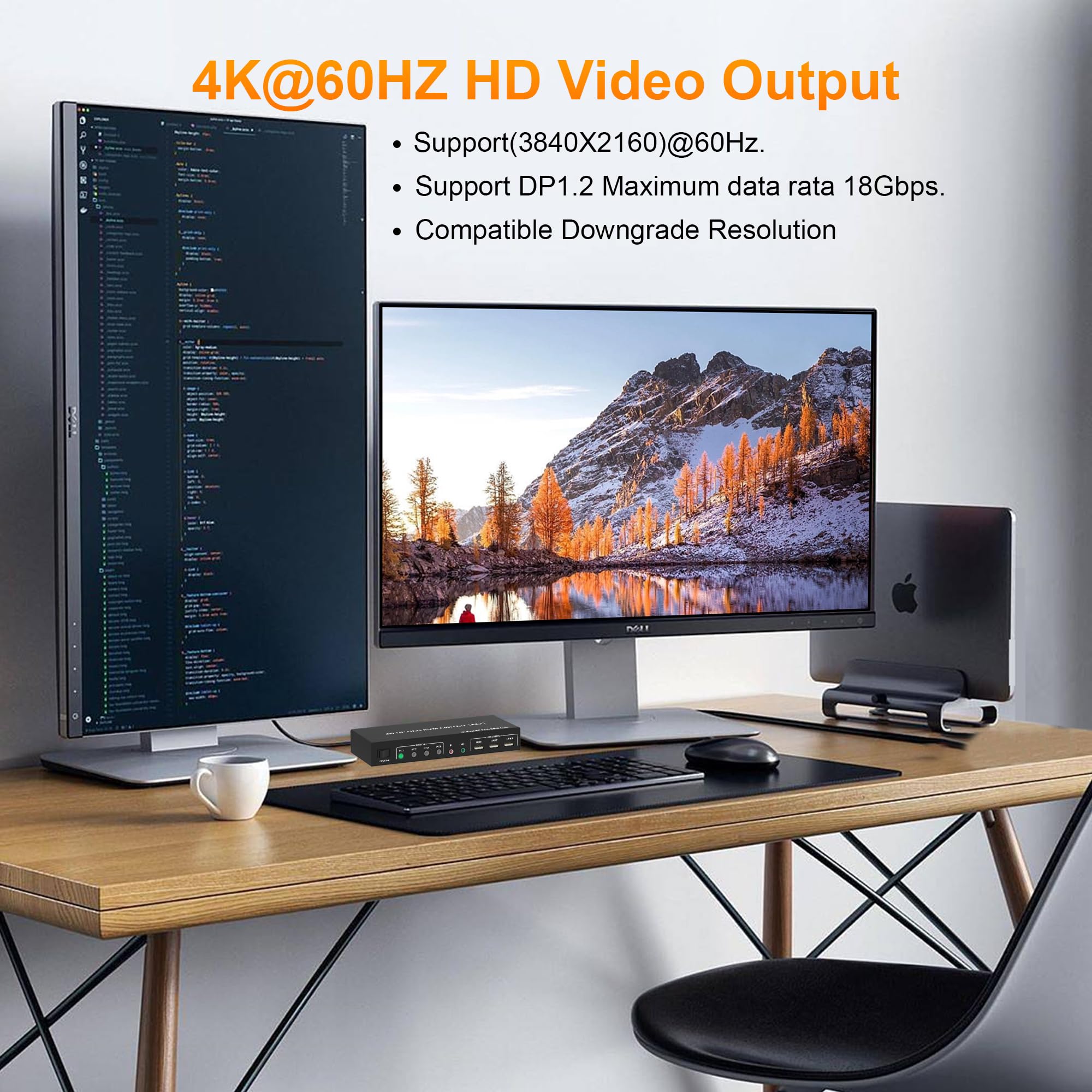DisplayPort KVM-switch met dubbele monitor voor 2 computers, 4K @60Hz, extended display, 2 poorten, KVM-switch 2 monitoren, 2 computers met audio- microfoonuitgang en 3 USB 2.0-poorten, pc-monitor