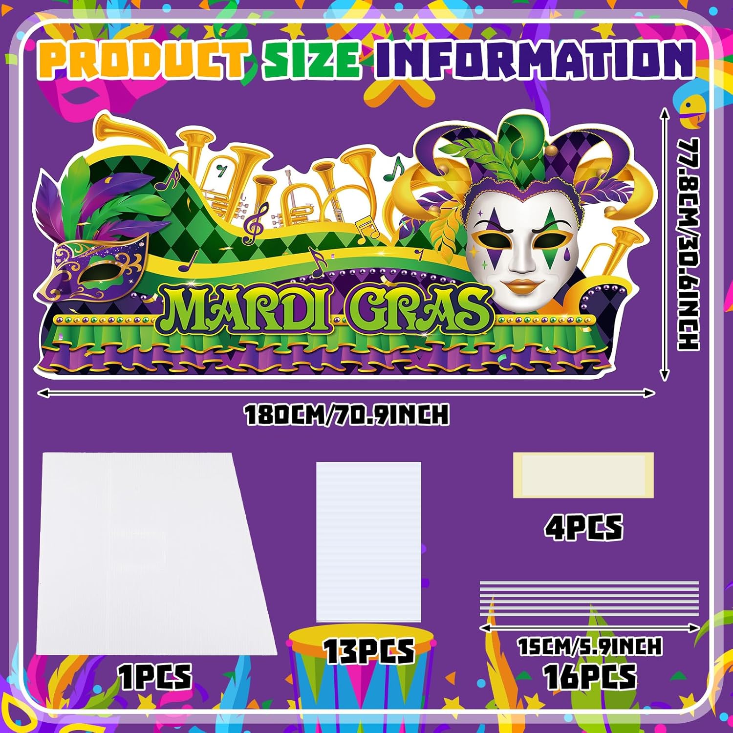 Mardi Gras Decorations 70.9 x 30.6 Inch Giant Mardi Gras Float Props Photo Booth Cardboard Cutout Stand up Mask Masquerade Carnival Backdrop Birthday Parade Float Decorations Purple Green Gold