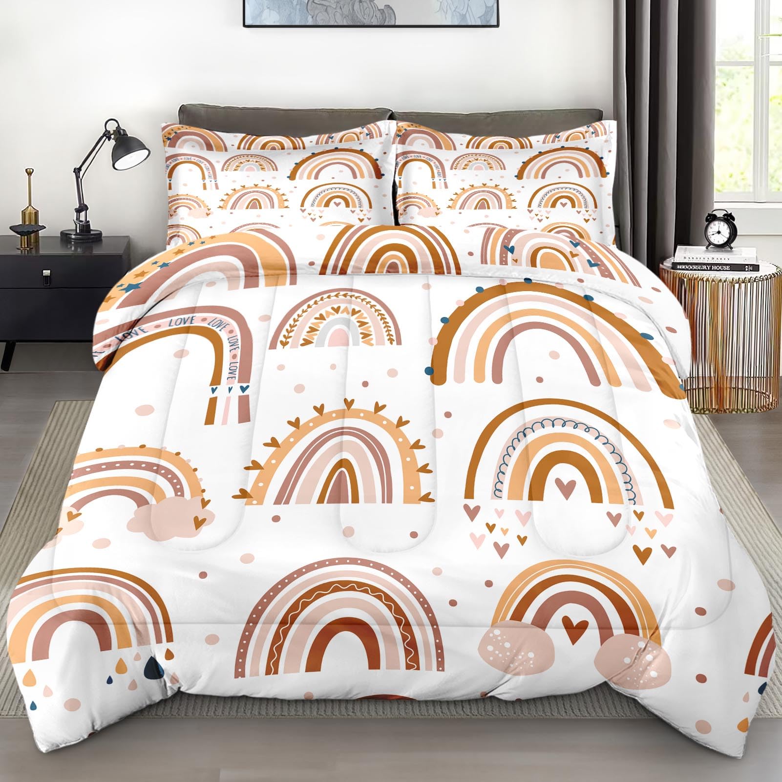 Pamnest Comforter Set King Size, Boho Rainbow Pink Soft 3 Pcs Bedding for Kids and Adults, Love Colorful Nursery Comforter Set with 2 Pillowcases, for Bedroom Bed Decor