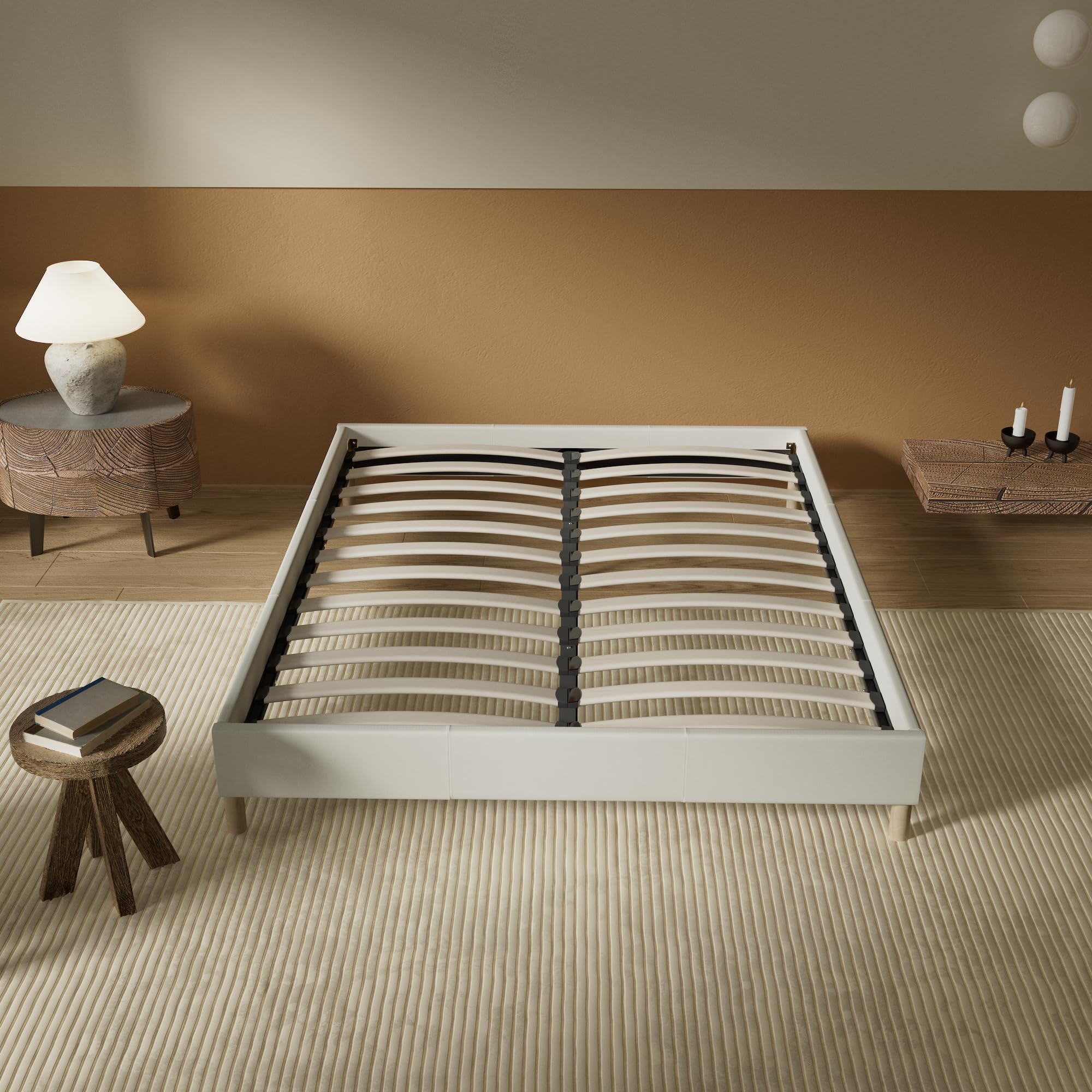 NOVEMBER Lit Double avec sommier intégré - Dimensions 160 x 200cm - Revêtement Tissu Blanc - Stable et Robuste/Pieds centraux de Renfort