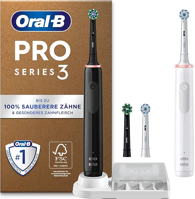 Oral-B Pro Series 3 Plus Edition Doppelpack Elektrische Zahnbürste, 4 Aufsteckbürsten, mit visueller 360° Andruckkontrolle für Zahnpflege, Designed by Braun, Black/White