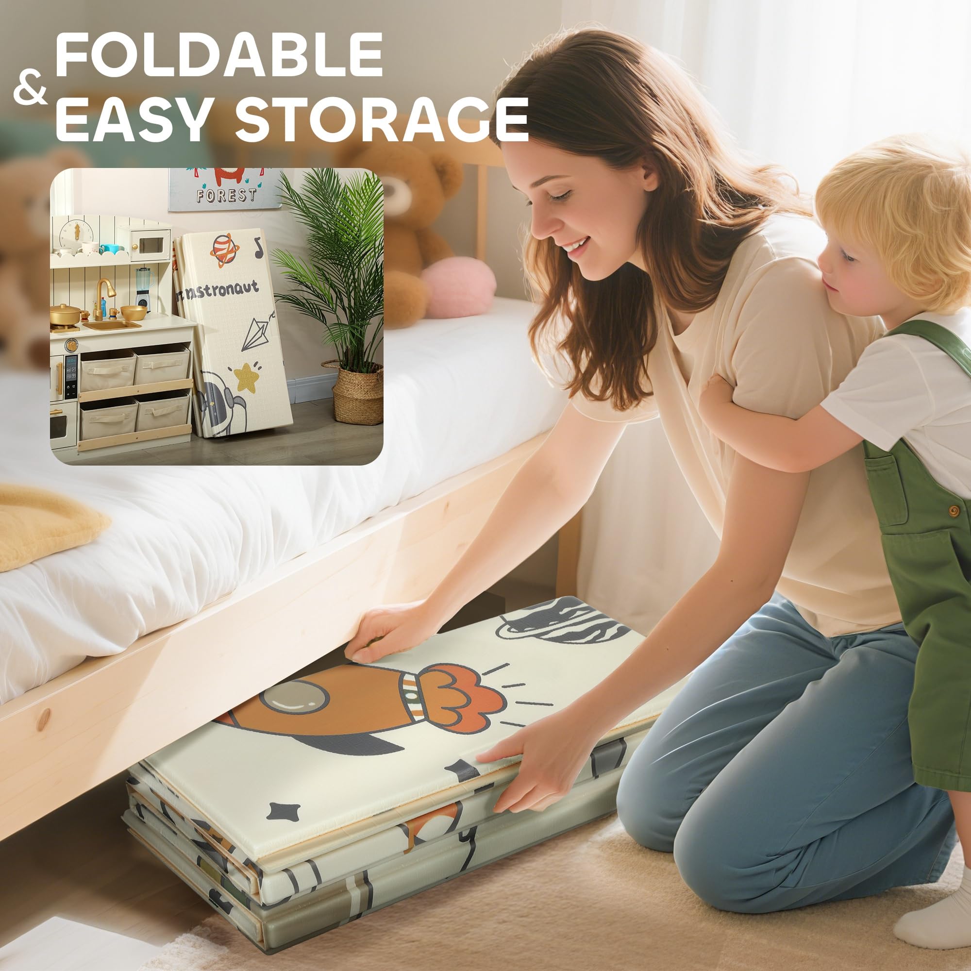 AIYAPLAY Tapis de jeu bébé pliable 177x146x1,5cm Astronaute & Planète | Double face, tapis d'activité réversible, tapis de mousse imperméable, pour pique-niques intérieur/extérieur