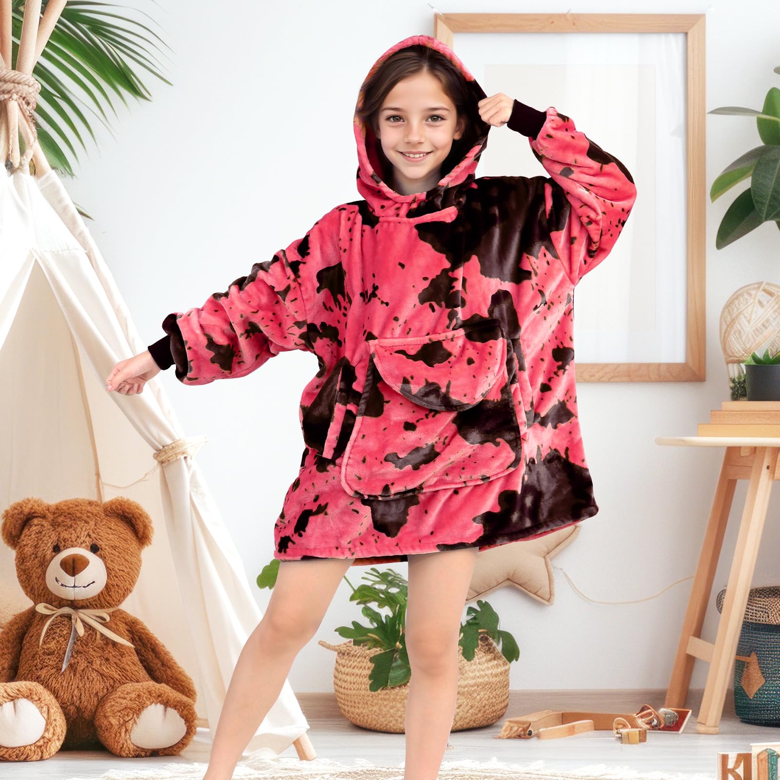cow print Oversize Wearable Blanket Hoodie 6-13 Year Old Cozy Soft Hot Pink Hooded Fleece Flannel Sweatshirt Blanket Hoodies Birthday Gifts for Girls Teens