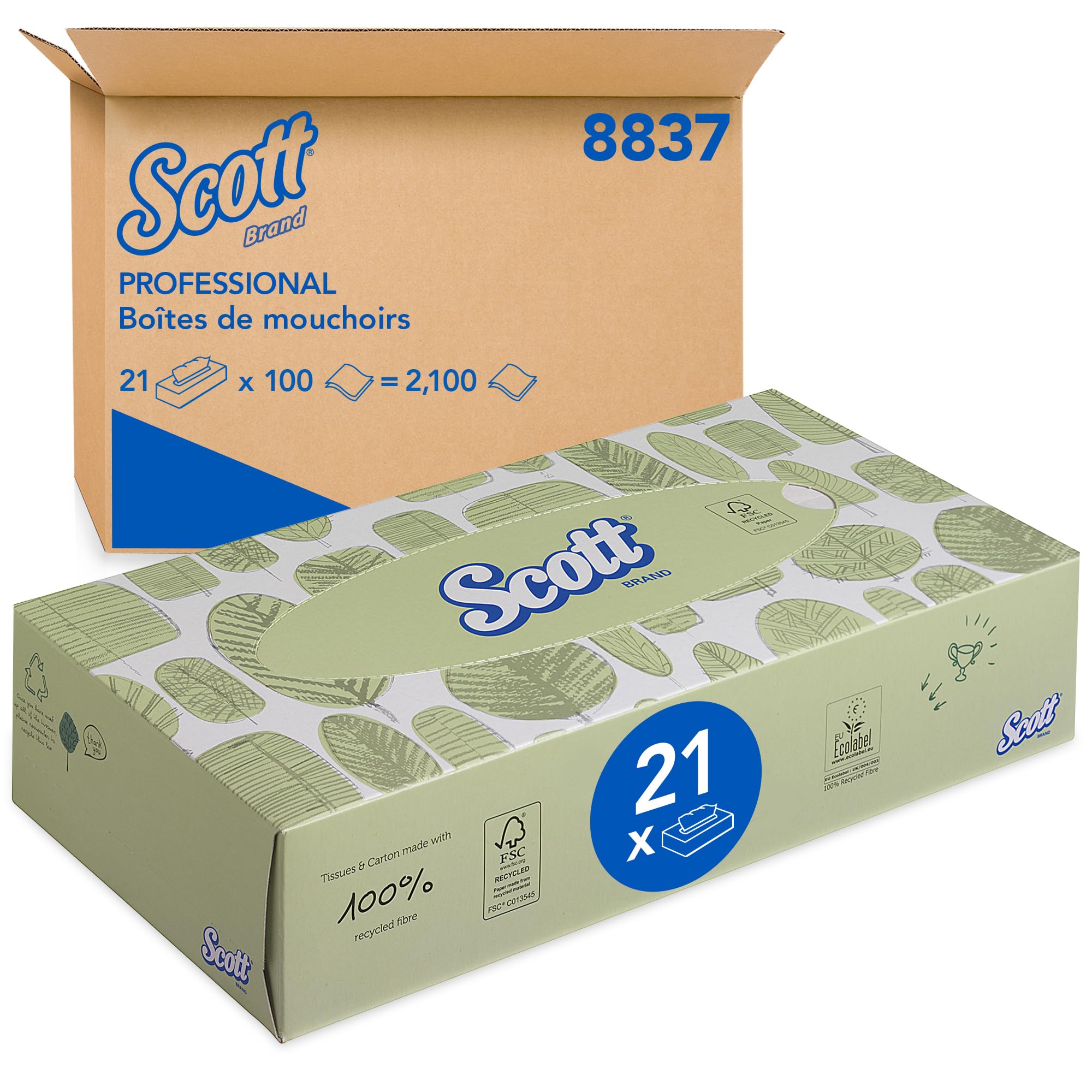 Scott Pañuelos Faciales 8837, 2 Capas, Suave y Resistente, 21 Cajas x 100 Pañuelos Blancos (2.100 total)