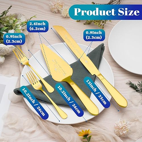 Vista 9 de Juego de cuchillo y servidor para pastel de boda, cortador integral de pastel más largo de acero inoxidable y espátula de pastel más ancha, elegante