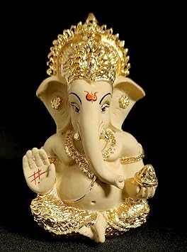 Gold Plated Terracotta Ganesh Statue Puja Idol Figurine Sculpture Ganesha/Ganpati Hindu God of Success, Prosperity, Good Luck for Car Dashboard, Temple & Home Decor Gift 3.5