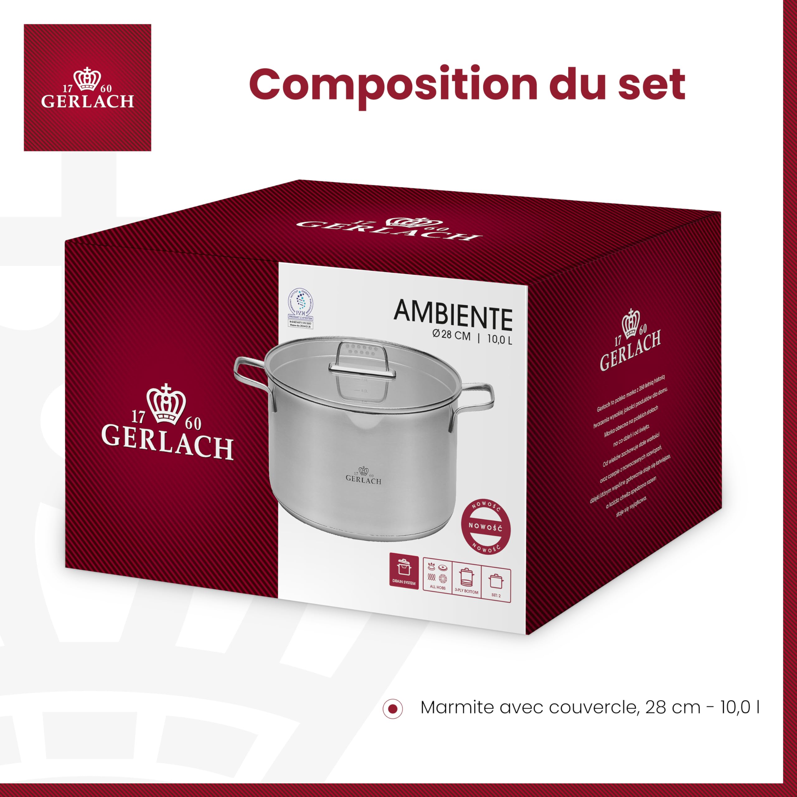 Gerlach 1760 Marmite 10 L Cuisinière électrique à induction à gaz en céramique Passe au four au lave-vaisselle Marmite à viande à induction Ø 28 cm avec couvercle en verre trempé Ambiente