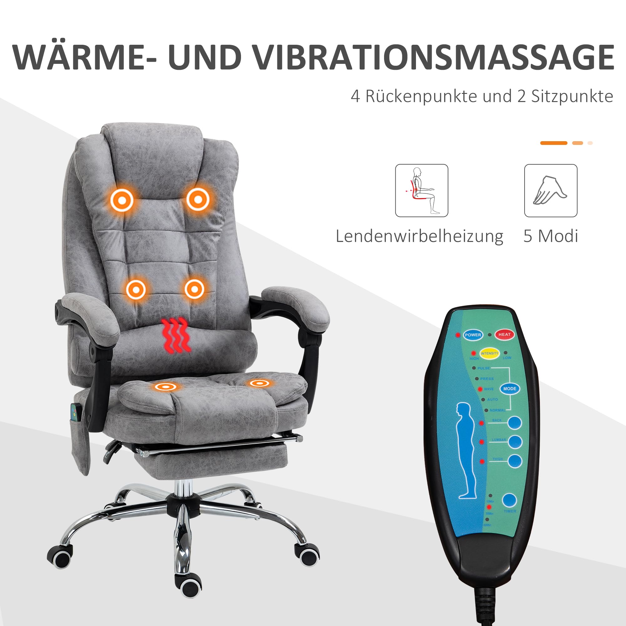 Vinsetto Bürostuhl mit Massagefunktion, Ergonomisch Schreibtischstuhl mit Liege- & Wärmefunktion, Fußstütze, Höhenverstellbar Computerstuhl mit Seitentasche und Fernbedienung, Mikrofaser, Grau