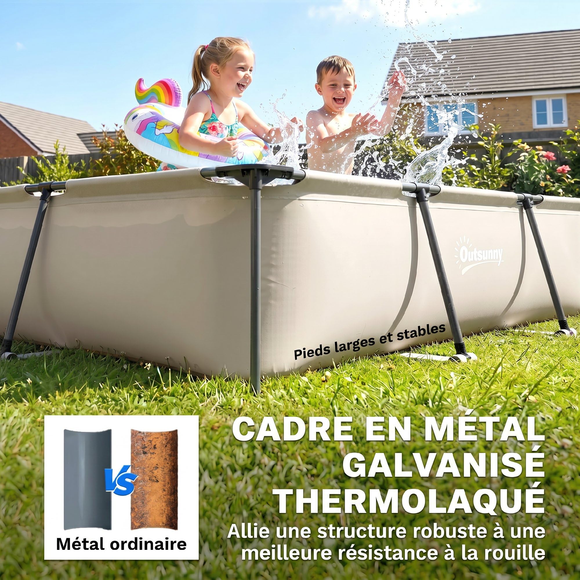 Outsunny Piscine Tubulaire Rectangulaire - 316x238x66,5cm avec Pompe de Filtration - Piscine Hors Sol Famille 3701L en PVC Triple Couche, Structure Stable Antirouille, Gris