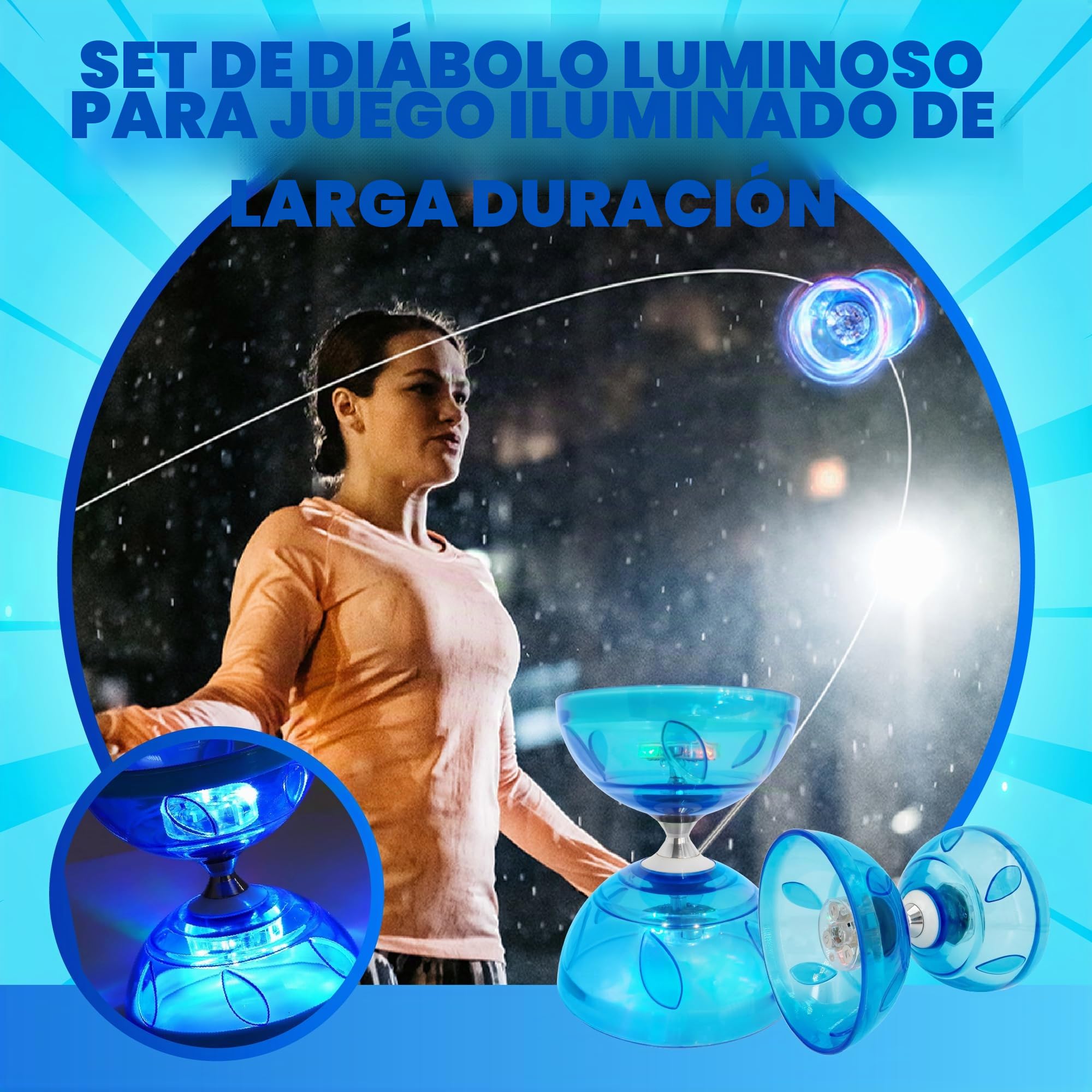 Juego de Malabares LED Diabolo - 4,5 mm Rodamiento Triple Diábolo para Principiantes y Profesionales | Juegos de Circo para Niños y Adultos | con Cordón Ajustable, Bolsa de Malla y 2 Bastones Cómodos
