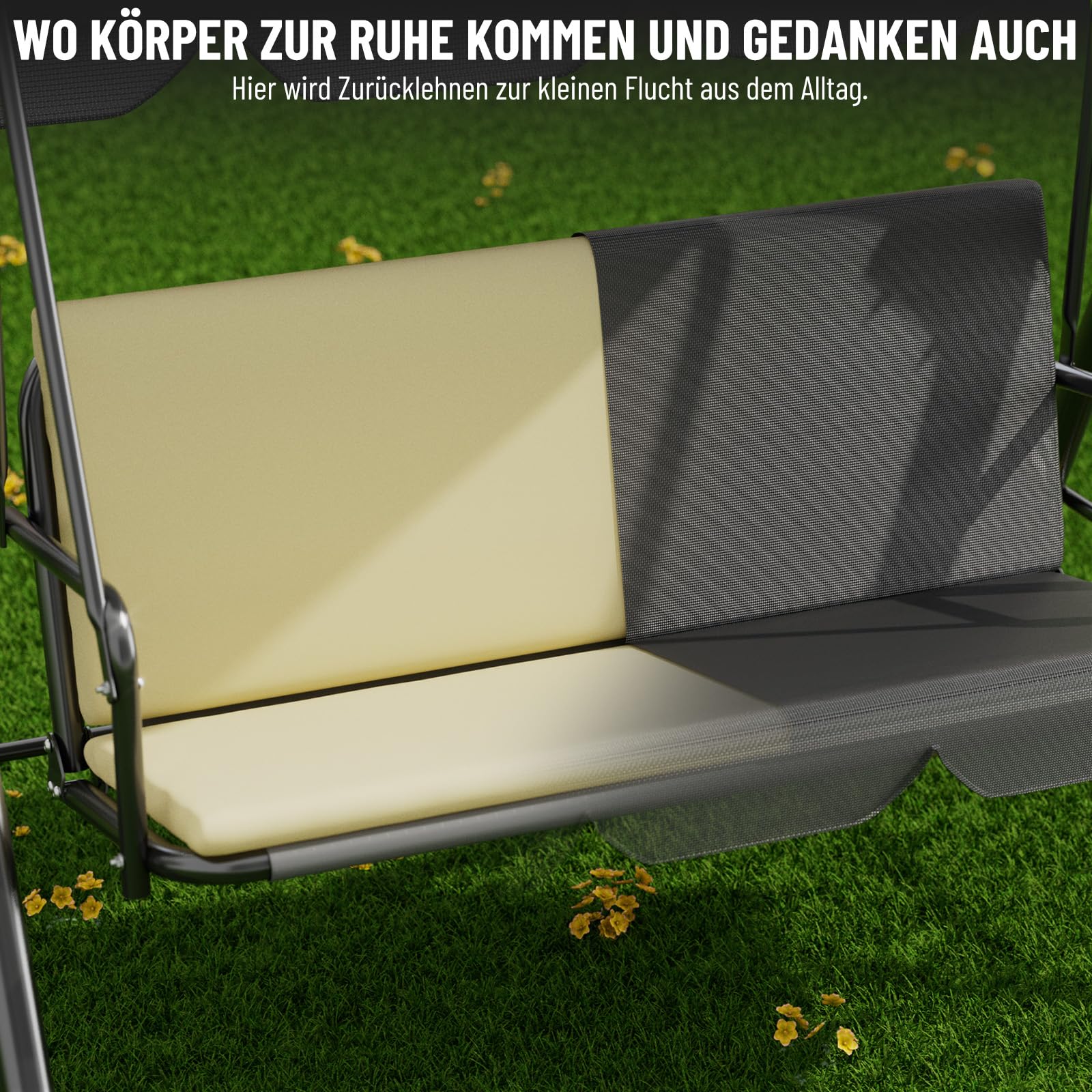 Soontrans 3-Sitzer Hollywoodschaukel, Familienzeit mit Leichtigkeit, Gartenschaukel mit Sonnendach & Gestell & Gepolsterte Sitzauflage, Belastbar bis 200 kg, aus Stahl (193 x 110 x 152 cm, Anthrazit)