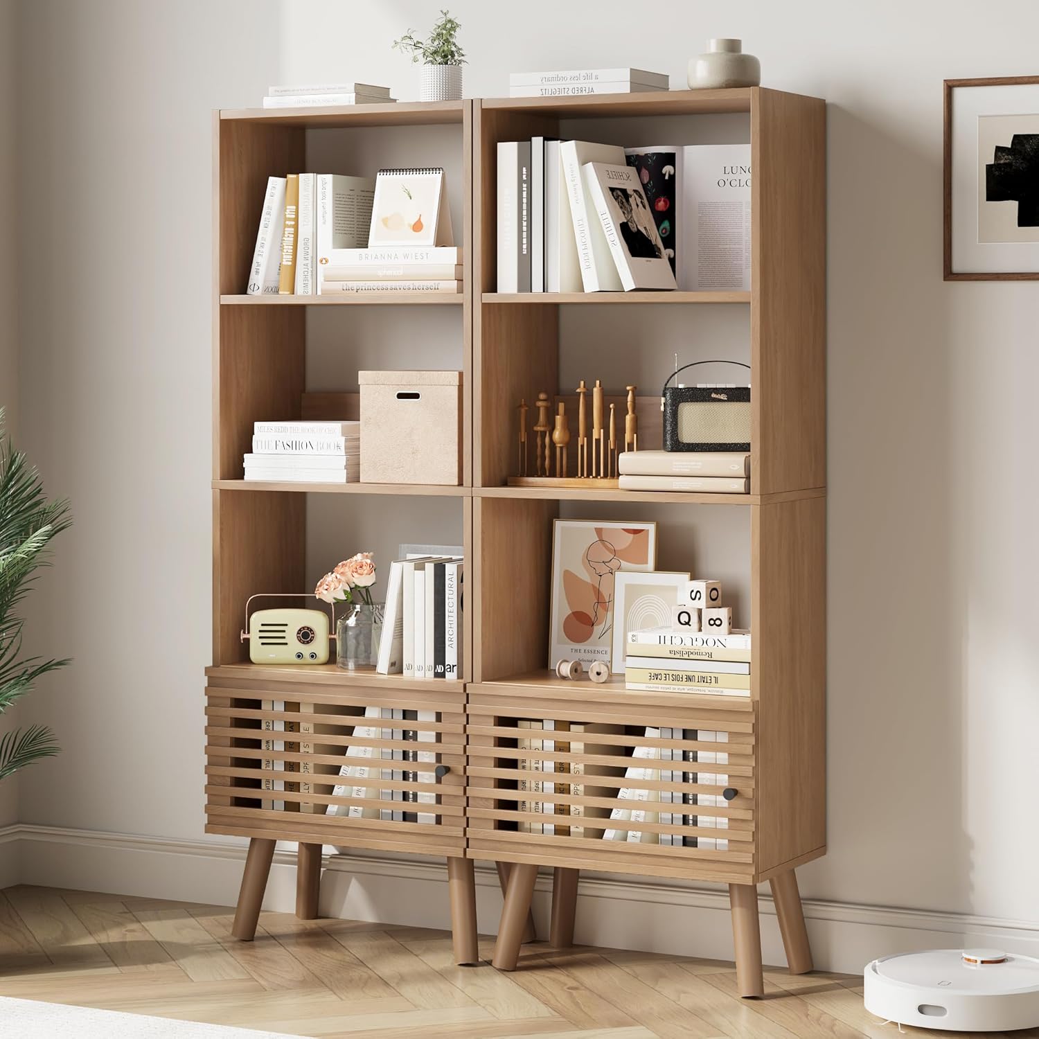 Furnify Small Narrow Corner Bookcase, 55" H Mid-Century Modern Bookshelf with Slatted Door, 4 Cube Bookcase with Open Shelf, Display Storage Cabinet for Living Room, Home Office, Oak