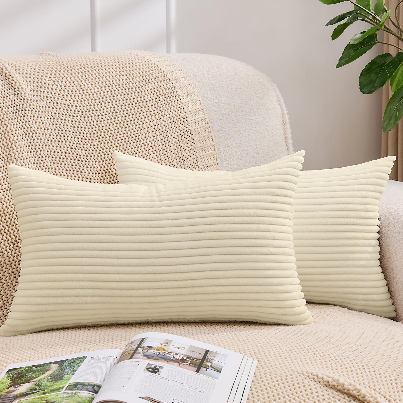 Yosodeko 2er Set Kordsamt Kissenbezug 30x50 Creme Weiß, Flau