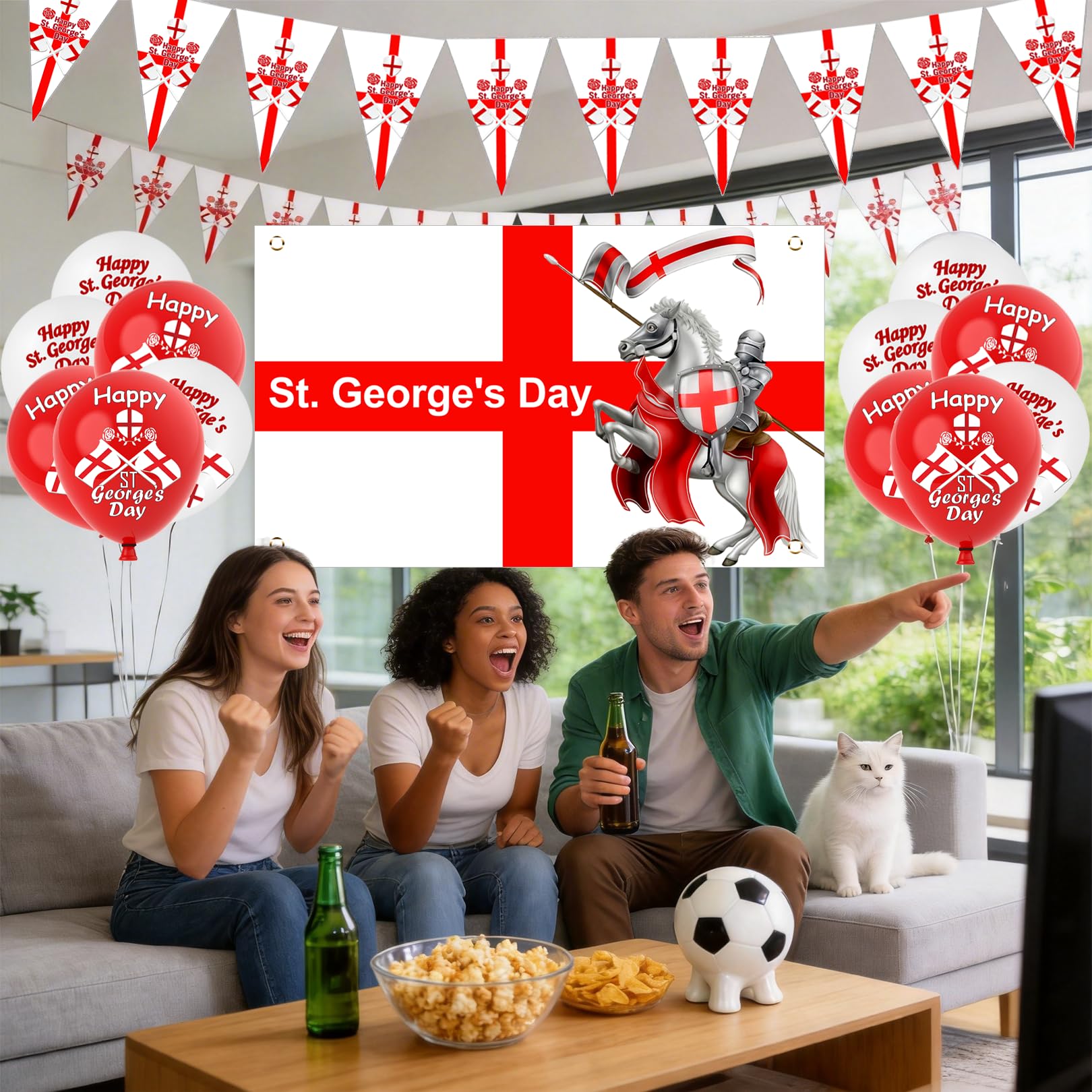 St Georges Flag, Happy St. George's Day Decorations Bunting with Balloons for England National Backdrop Decorations — view 4
