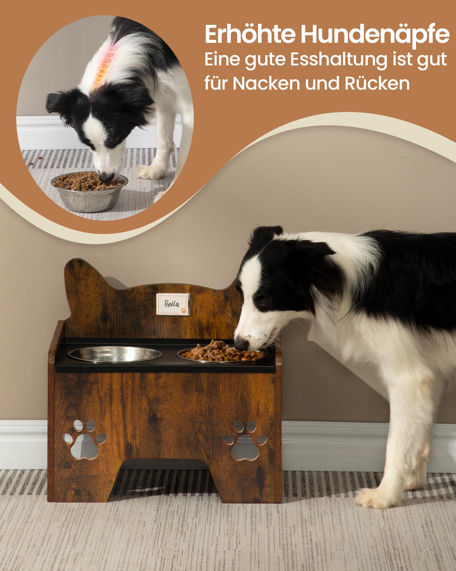 Hzuaneri Erhöhte Hundenäpfe, Erhöhter Hundenapf, Hundenapfständer mit 2 Edelstahlnäpfen, Auslaufsicheres Hundenapf-Set, Futternäpfe, für Kleine Mittlere Große Hunde, Vintagebraun und Schwarz PB07101B