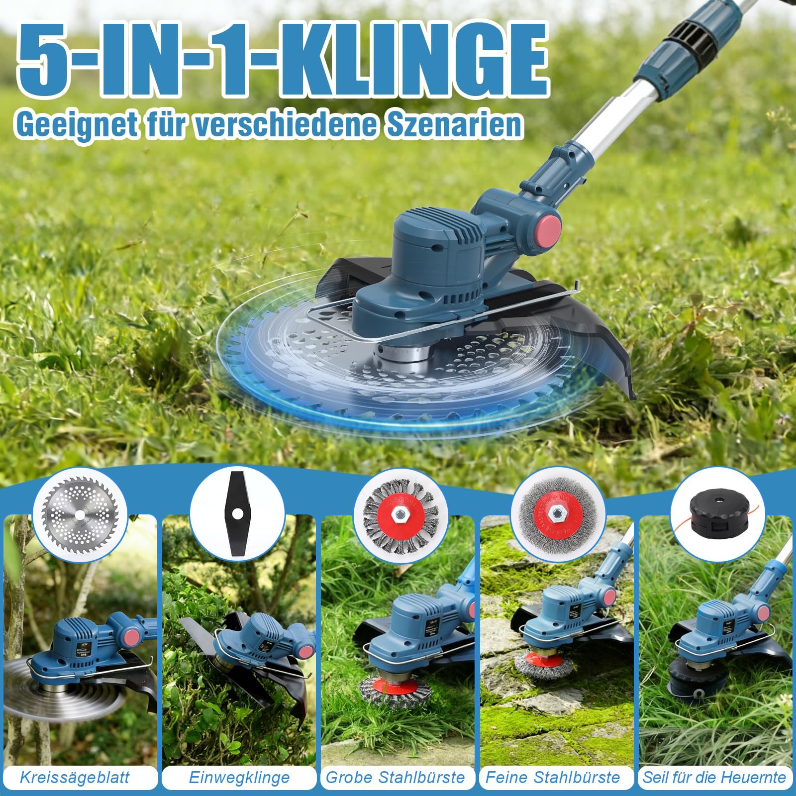 Rasentrimmer mit Akku,Akku Rasentrimmer für Makita-Akkus mit 5 Klingentypen,21v,2X 4.0ah 5 In 1 Rasentrimmer,Freischneider mit Unkrautbürste,750w Bürstenloser Motor für Rasen,Garten und Hof-Dark Blau