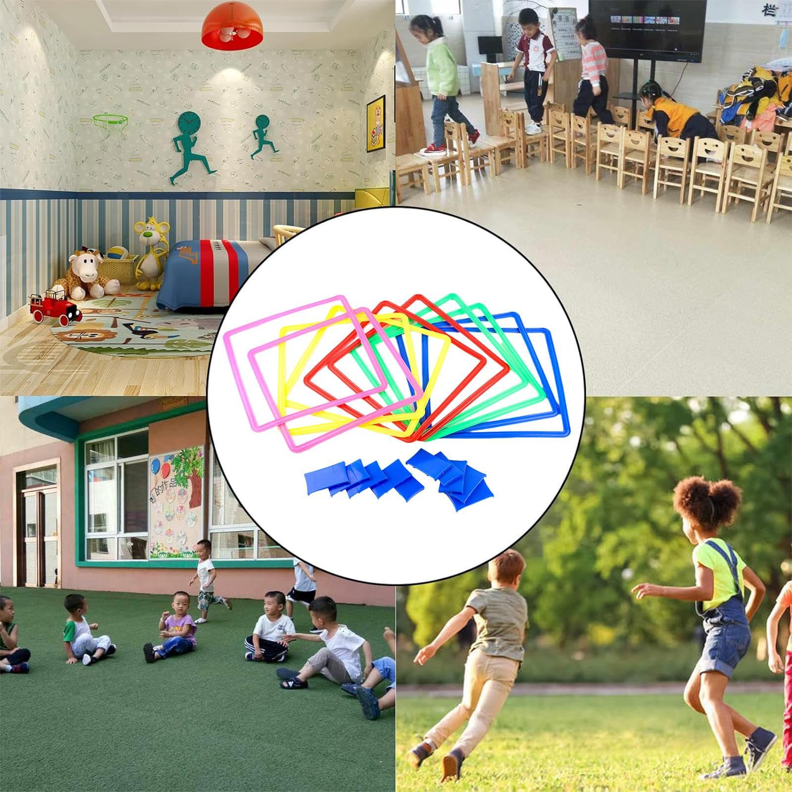 Hüpfkästchen Outdoor – Spannendes Hüpfspiel für Kinder mit Hindernisparcours, Ringen & Wurfbeuteln, 15 Zoll Quadrate mit Steckverbindern | Ideal für Indoor & Outdoor, Garten, Schule, Kinderparty, Frei