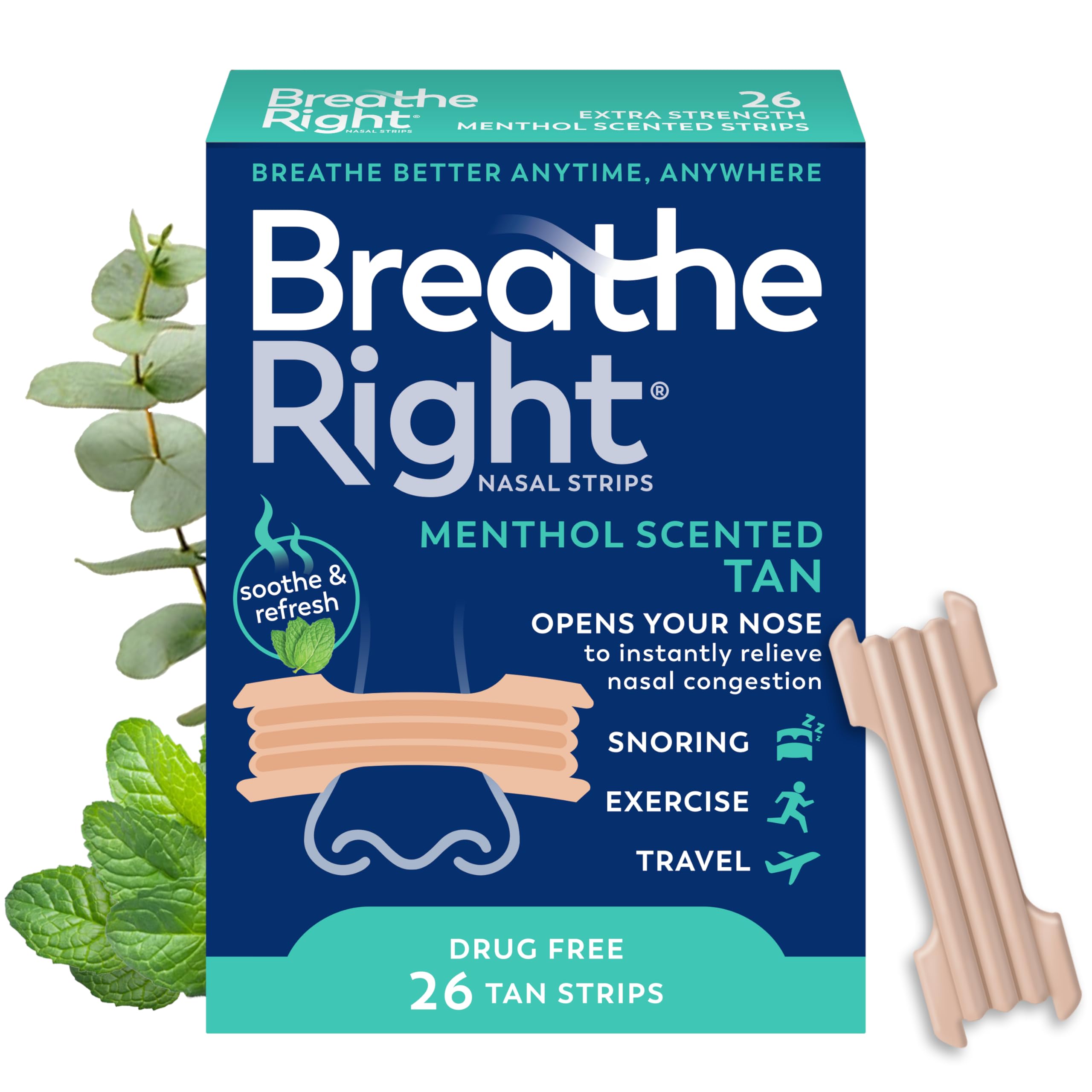 Breathe Right Extra Strength Nasal Strips Menthol Scented Drug Free Less Snoring Better Breathing from Nasal Congestion Tan