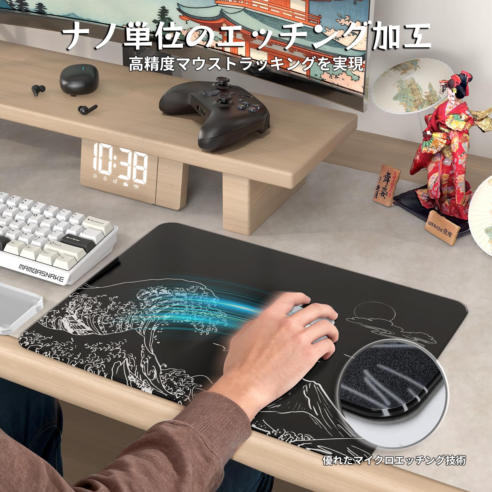 ATTACK SHARK × MAMBASNAKE CM05 SE ガラスゲーミングマウスパッド プレミアムな強化ガラス 滑らか マイクロエッチング表面 FPS·ゲーム向け （410mm×310mm×5mm） eスポーツ 高精度トラッキング 大型サイズ 滑り止めPU底 端に丸みをもたせた CNCフライス加工 硬度9H 汚れに強い 手入れ簡単 耐久性 防水性 国内正規品（ブラック ウェーブ） - 3