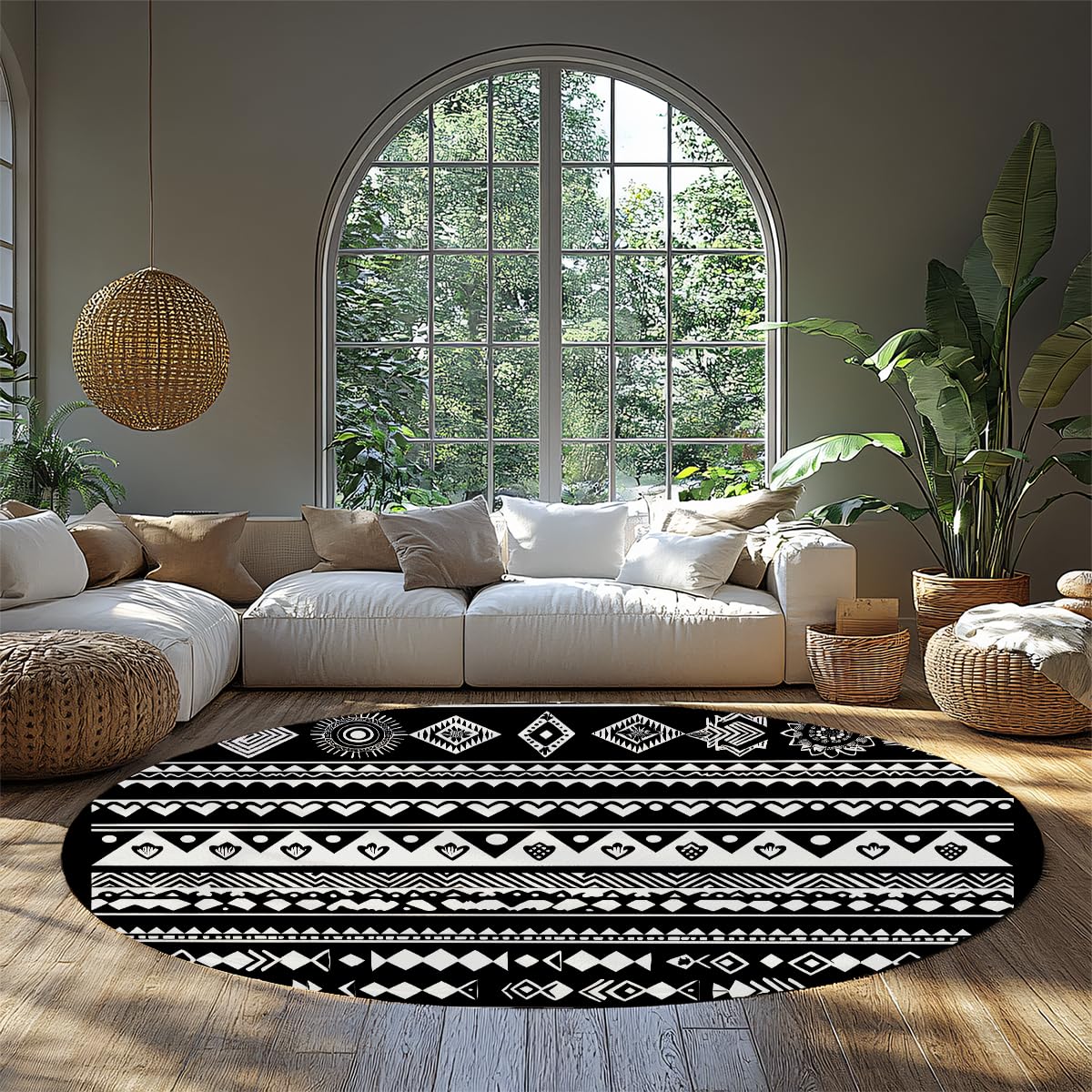 Dywan Tribal Round Area 180 cm (okrągły), intensywny, geometryczny, czarno-biały, antypoślizgowy, płaski dywan z wzorem diamentowym i cienki, nadający się do prania, do biura w salonie