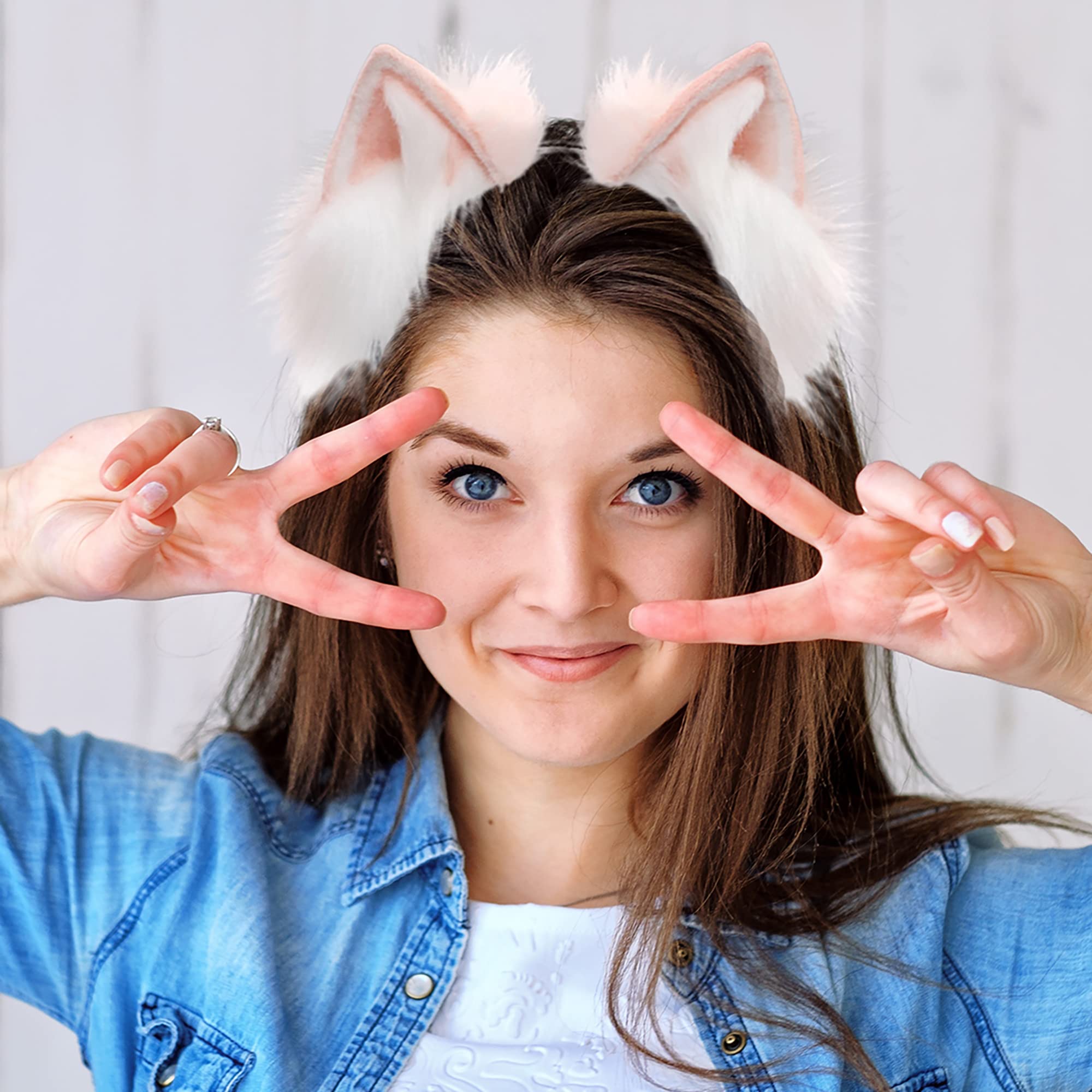 ZFKJERS Furry Fox Wolf Cat Ears Headband Adult Cosplay Costume Hair Accessory for Halloween (Pink White) - Image 2