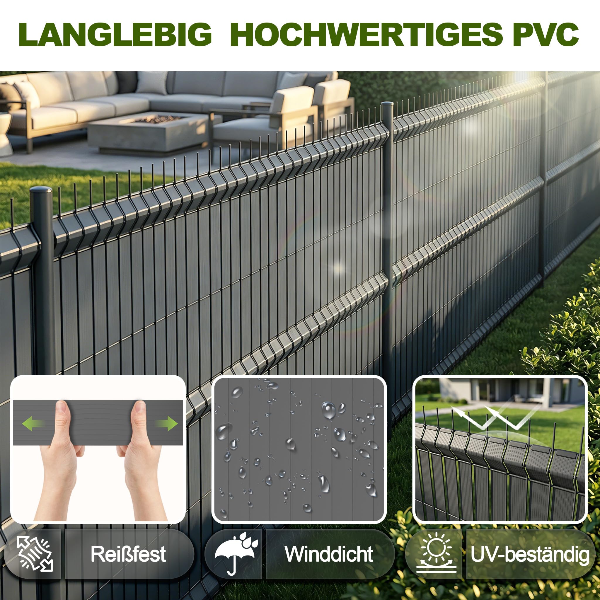 YRHome Strisce Privacy PVC 210m 4,7 cm Altezza 9,87㎡ per Recinzione Doppia Barra, Resistente agli Agenti atmosferici e UV, Opaco Giardino Balcone terrazzo, con 420 Clip di Fissaggio, Grigio