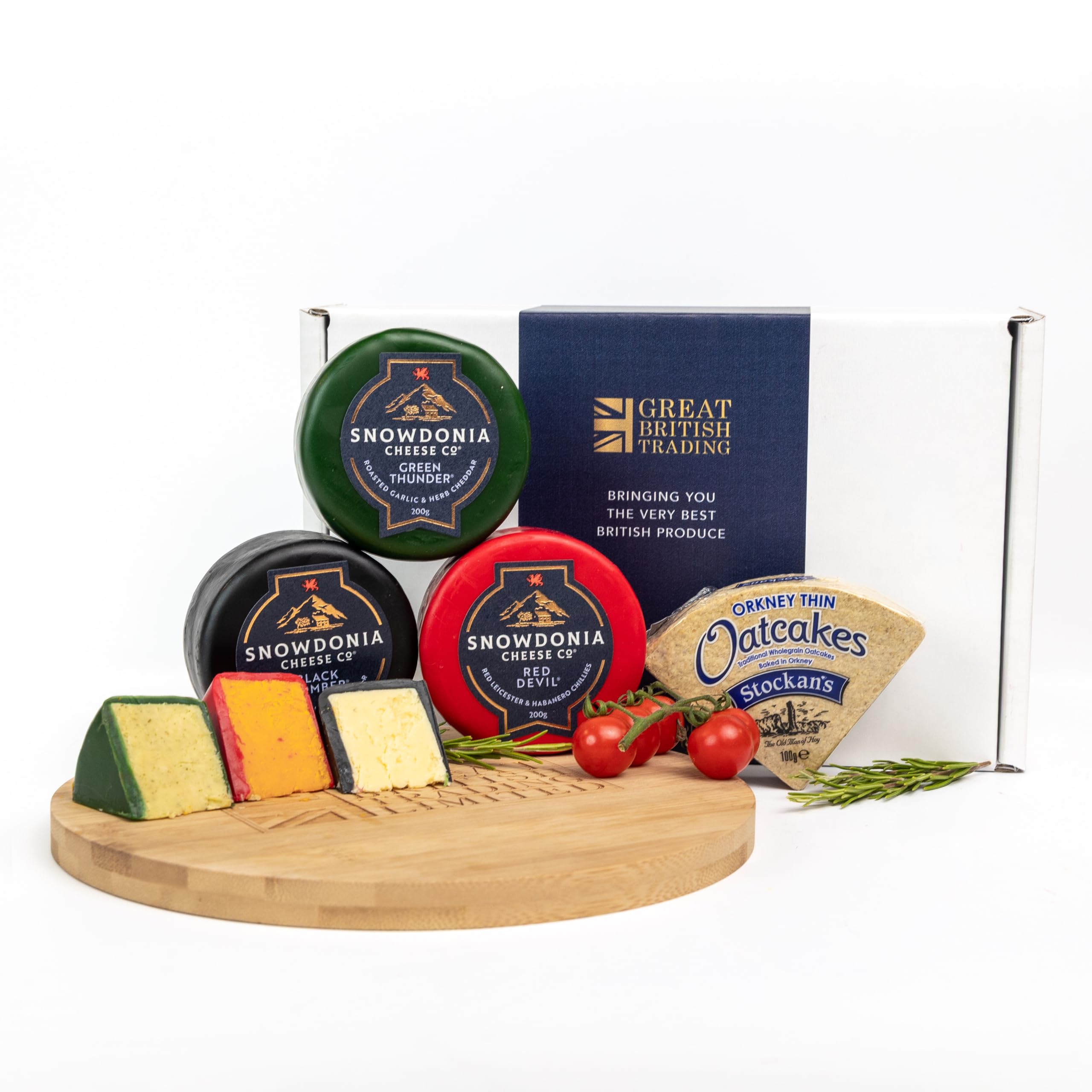 Snowdonia Cheese Company 3x 200g Truckles Extra Mature Black Bomber Cheddar, Green Thunder Garlic & Herb & Red Devil Chillis with Stockan's Orkney Oatcakes Crackers