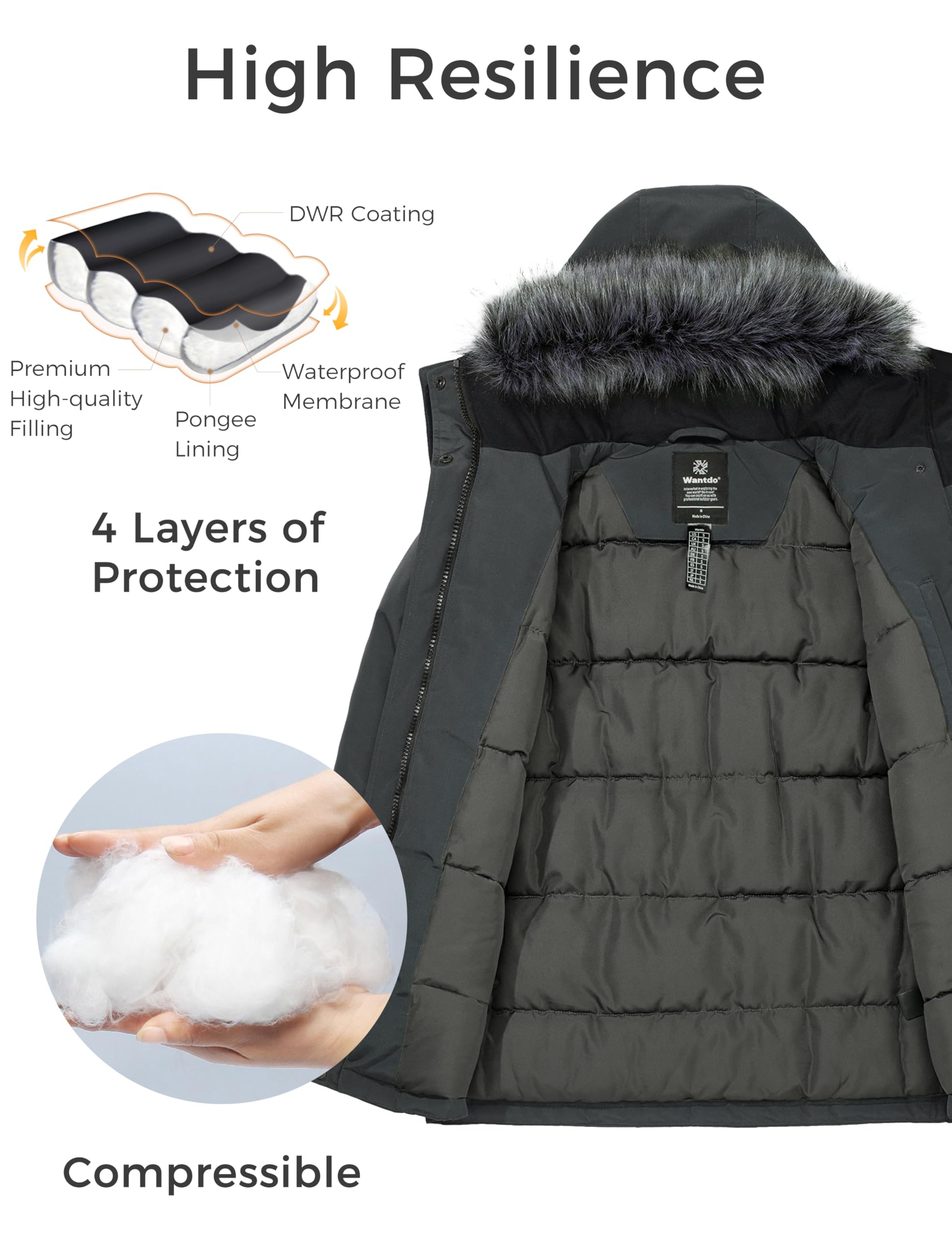 Wantdo Giacca Invernale Imbottita Calda Parka con Pelliccia Esterno Giaccone da Lavoro Antivento Giacca Pesante Donna
