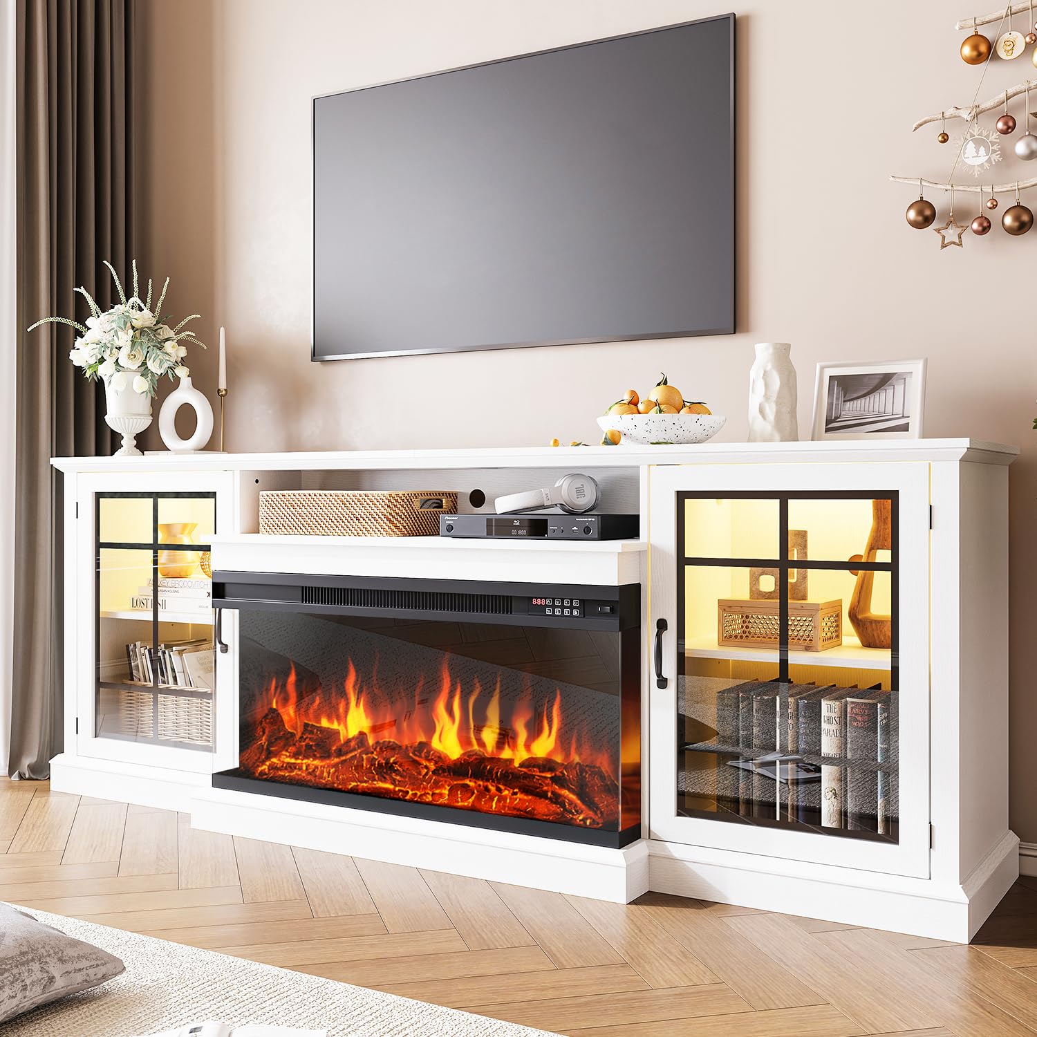 OneBlis 80" Fireplace TV Stand with 3-Sided Glass, TV Cabinet for TVs up to 90", Modern Media Entertainment Center with Farmhouse Glass Door Storage