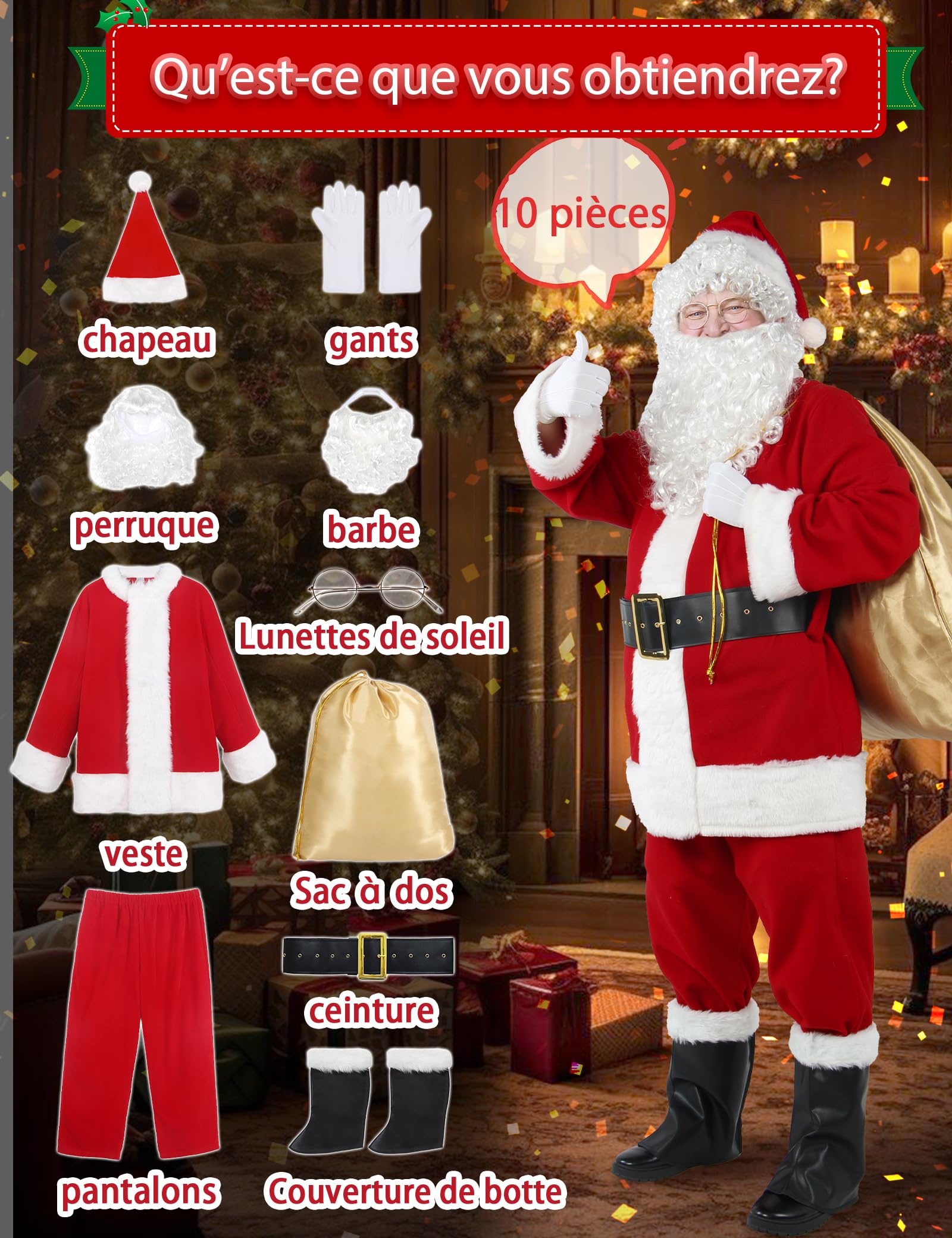 Gardentime Costume de Père Noël pour homme - Costume de Père Noël pour adulte - 10 pièces - rouge - Taille