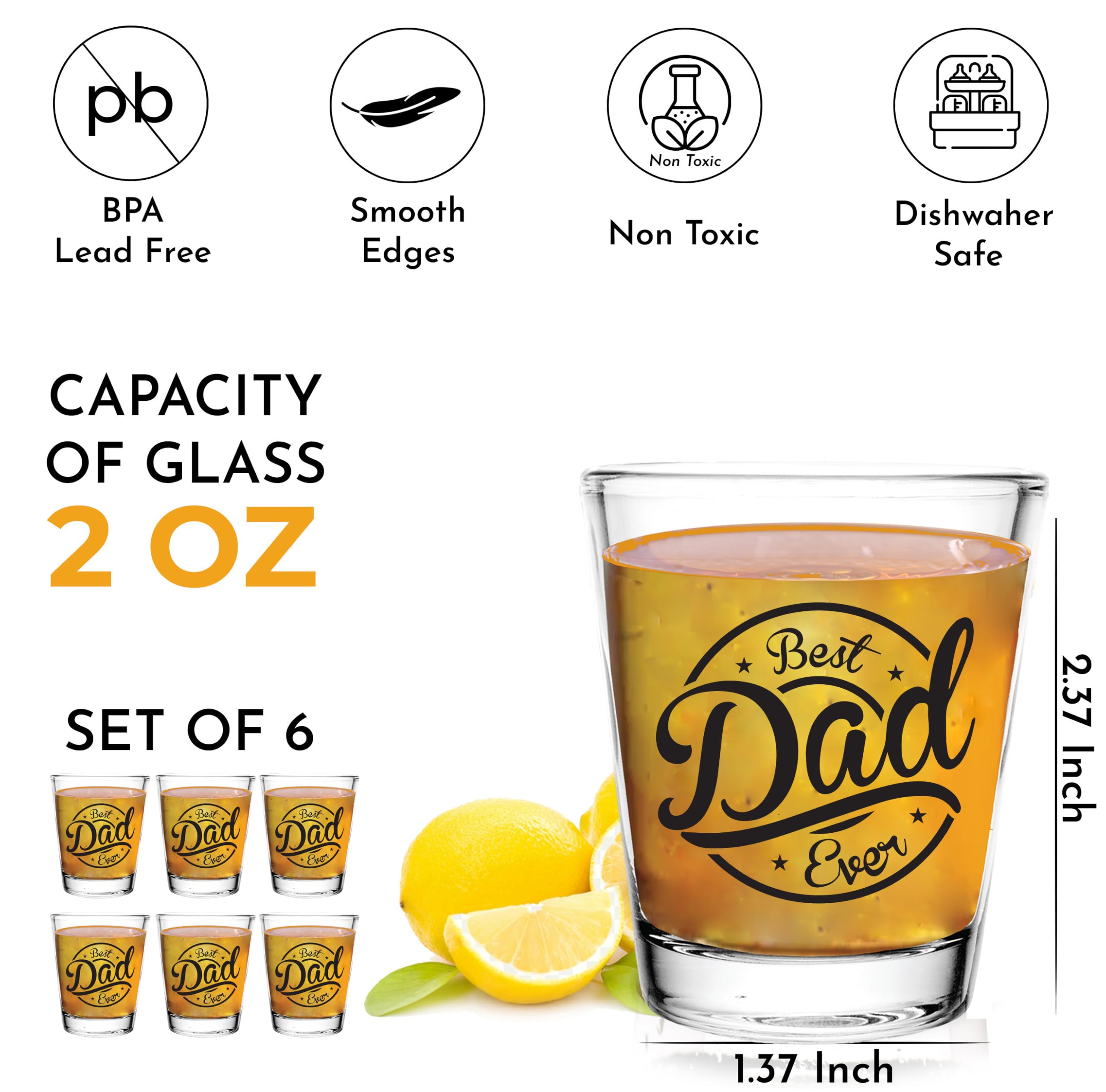 Regalo para papá – Juego de vasos de chupito Best Dad Ever – Regalo para papá para Navidad, Día del Padre, cumpleaños, aniversario, jubilación – Juego de 6 unidades de 2 onzas – con caja de