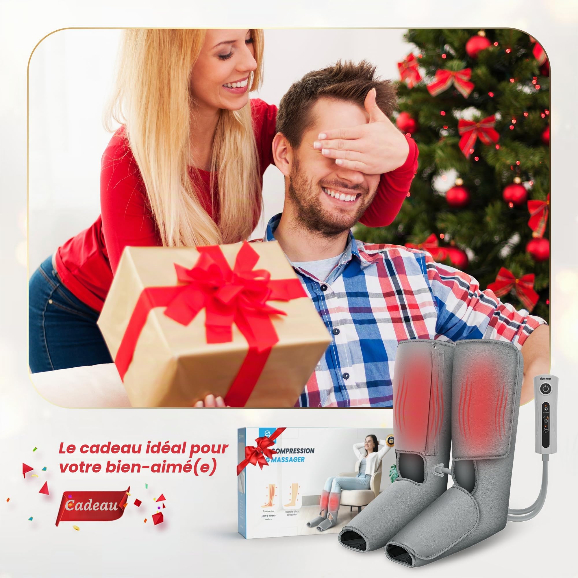 COMFIER Appareil de massage des jambes avec fonction de compression et de chaleur, appareil de massage des pieds et des mollets avec 3 niveaux d'intensité et bottes de massage réglables