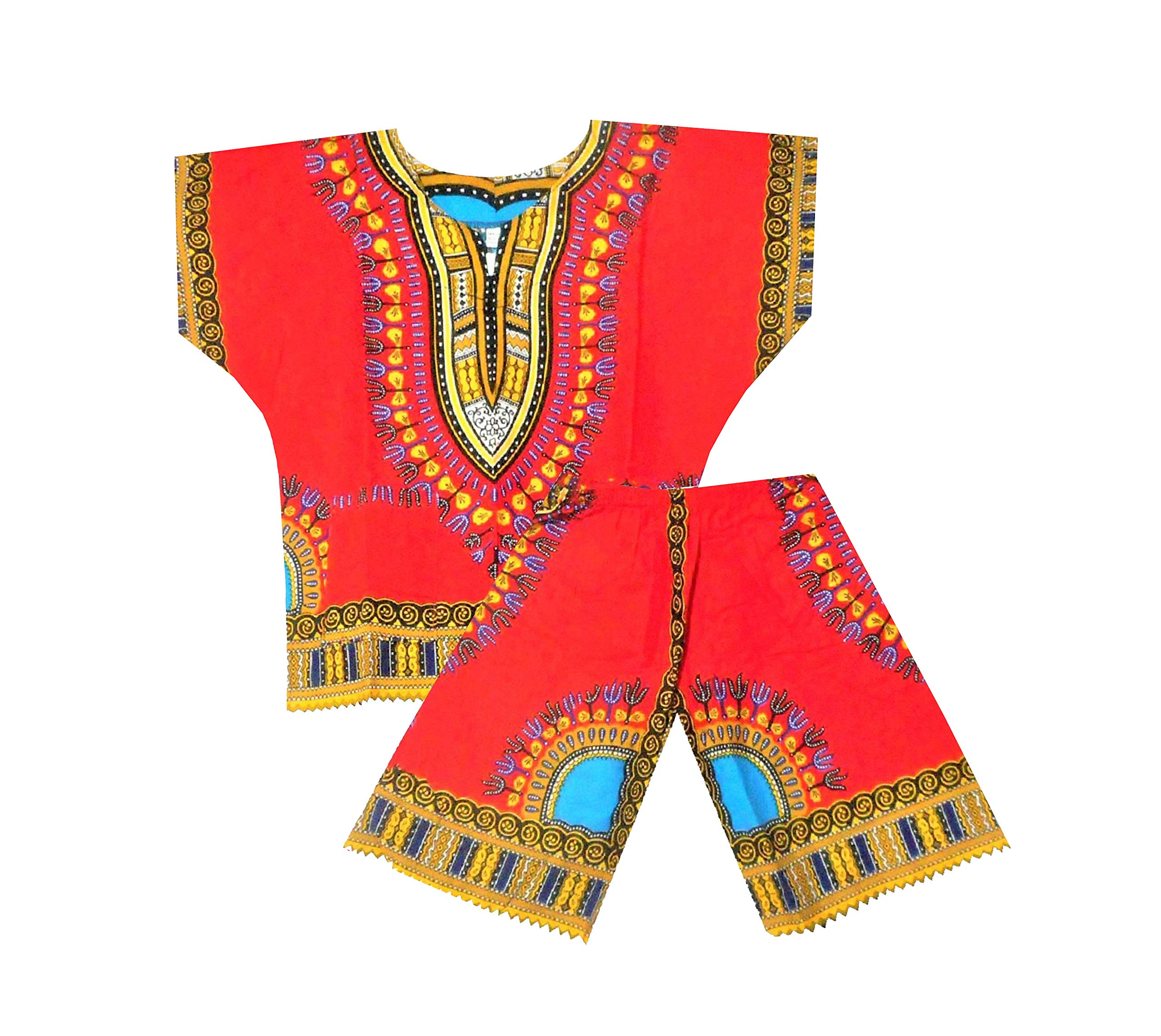 DecoraapparelAfrican Attire Kids Dashiki Suit 2-5 Year Boys Girls Unisex Shirt Shorts kids Dashiki Set One Size (Red Blue)