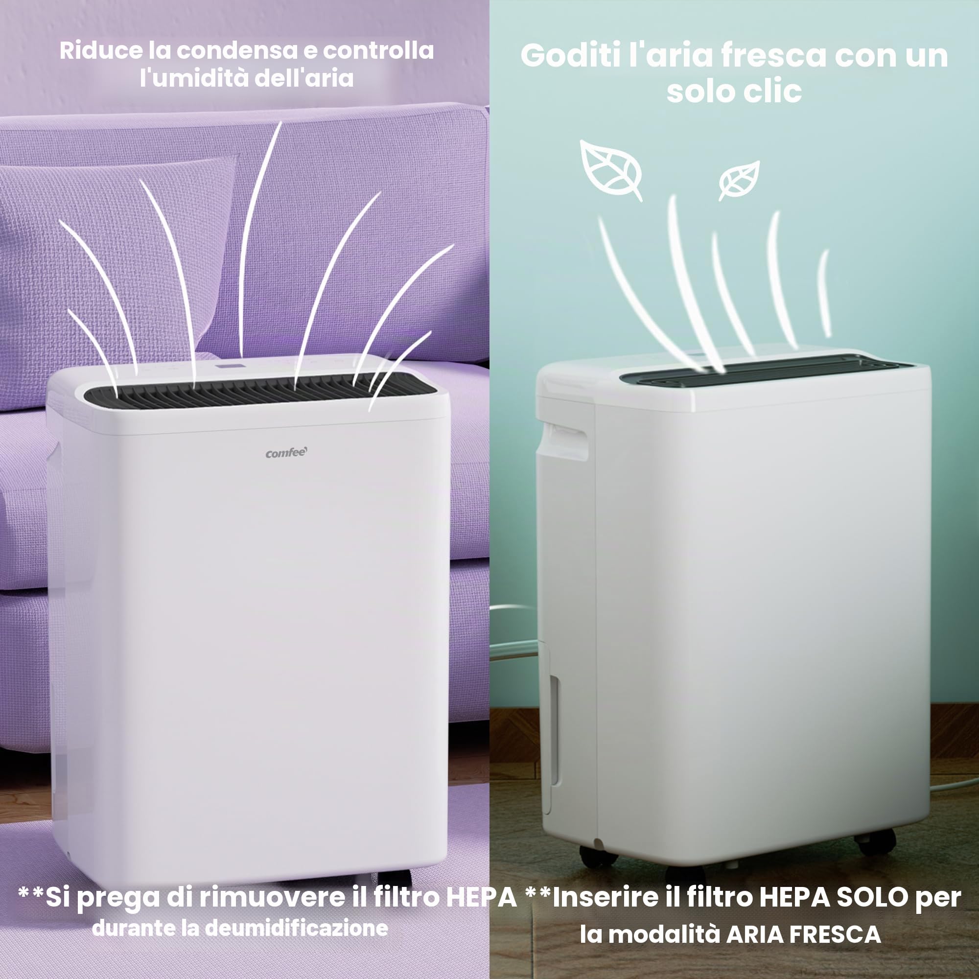 COMFEE Deumidificatore purificatore, 12 l/giorno, deumidificatori per casa, camera da letto, bagno, con serbatoio d'acqua da 1,6 l, timer, filtro HEPA, Wi-Fi, modalità lavanderia e basso consumo