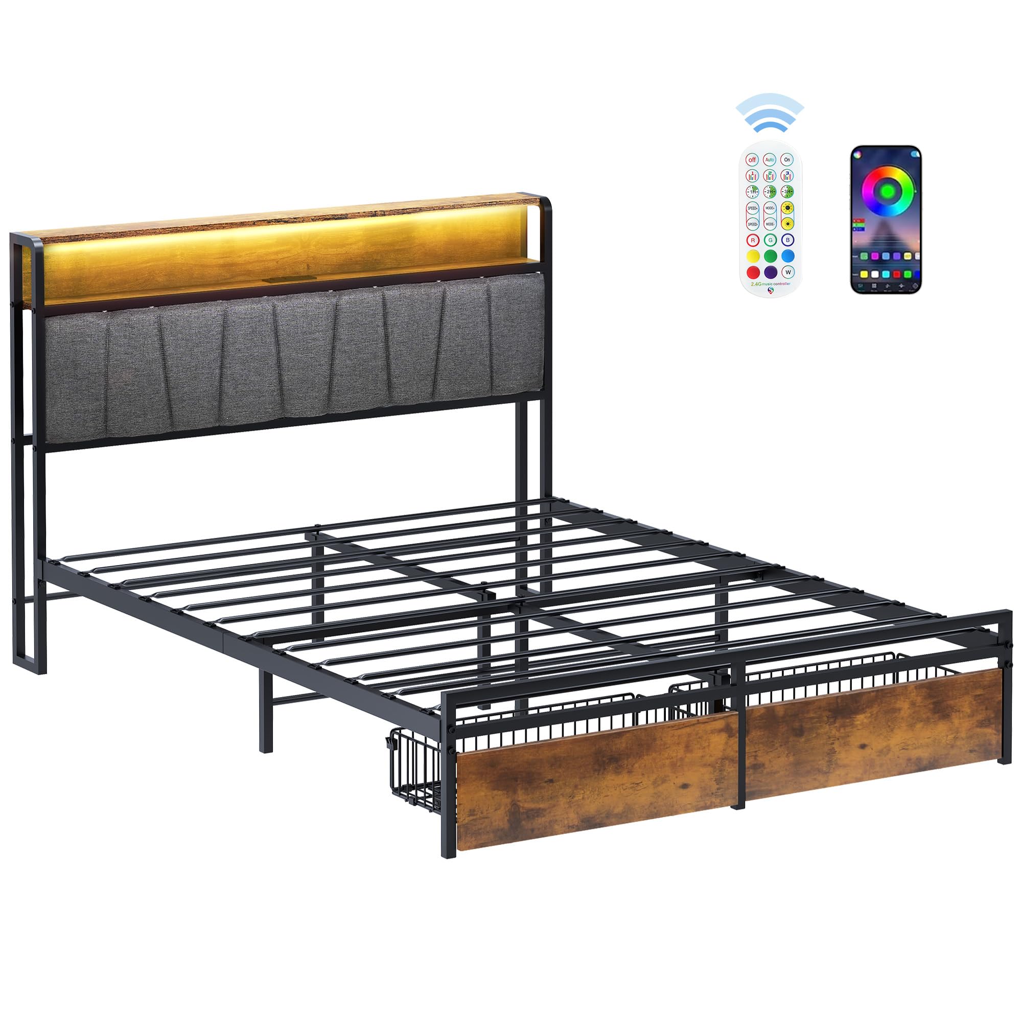 KING Bed Frame with Headboard Storage LED Lighting and Charging Station, Modern Platform Bed Frame No Box Spring Needed Mattress Foundation with Heavy Duty Metal Slats Support Easy Assemble