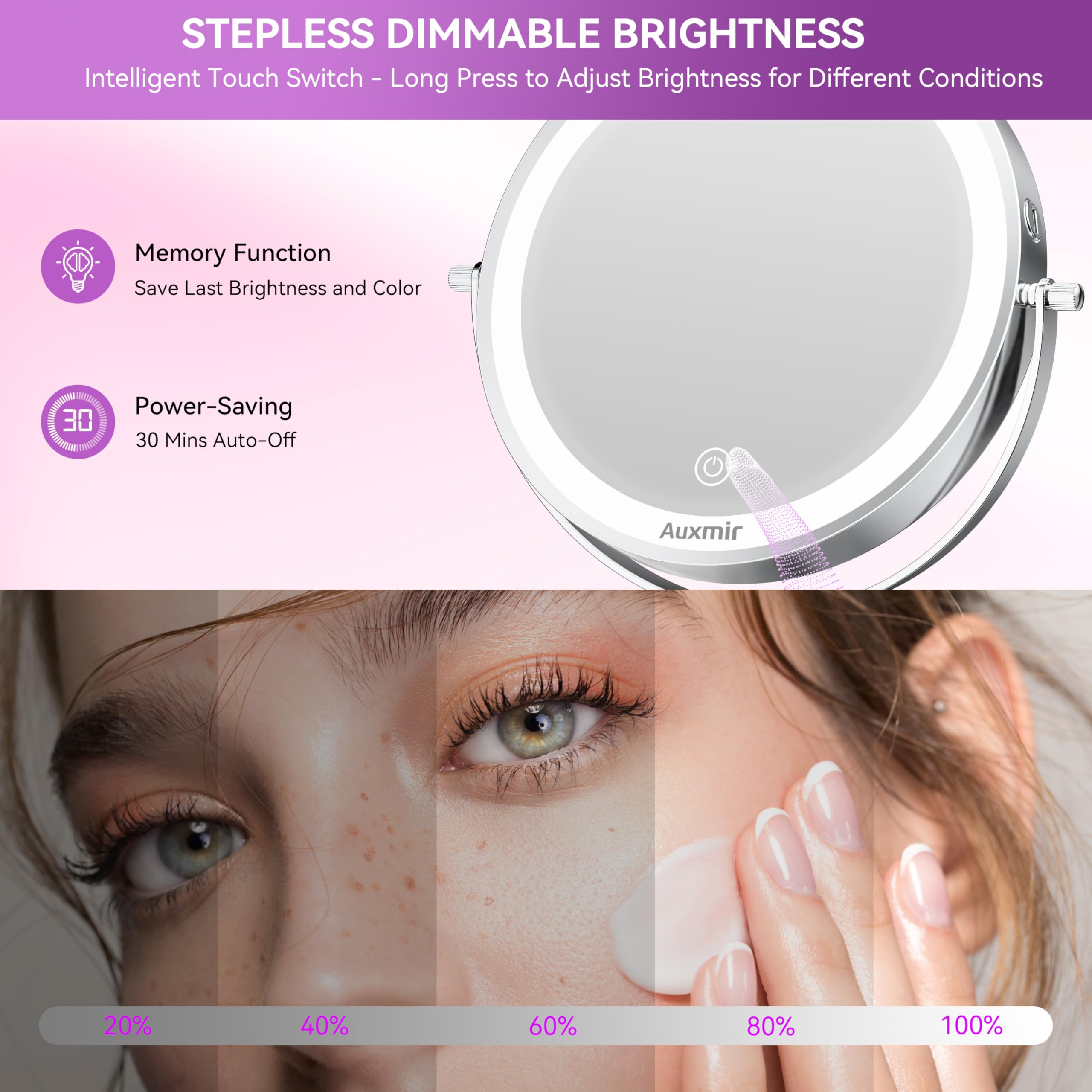 Auxmir 30X/1X Wiederaufladbarer Kosmetikspiegel mit Beleuchtung, 9cm Höhenverstellbar, 9 Zoll Schminkspiegel, 3 Lichtfarben & Helligkeit Dimmbar, 360° Drehbarer Tischspiegel für Makeup & Hautpflege