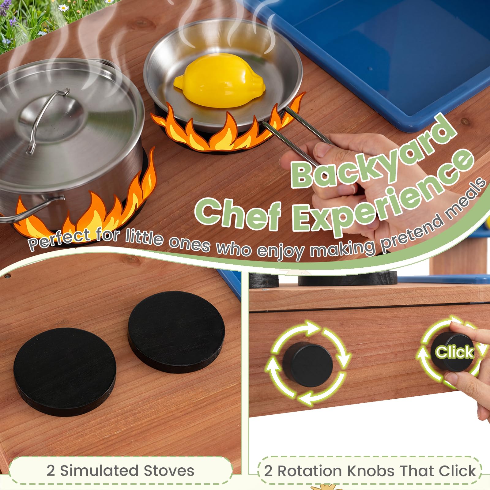COSTWAY Cucina Giocattolo per Bambini, in Legno, per Bambini 3+ Anni | Cucinetta da Esterno con Fioriera, Lavagna, Rubinetto e Serbatoio, Cucina da Fango Interattiva con Accessori per Giardinaggi