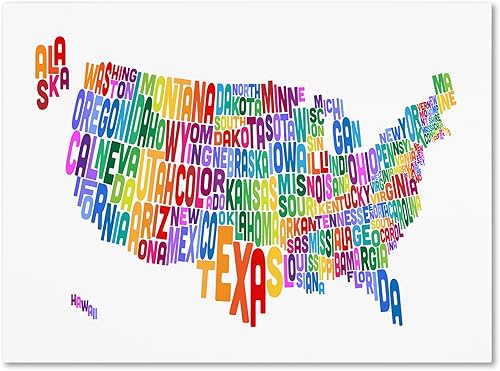 Trademark Fine Art Mapa de texto de Estados Unidos 3 por Michael Tompsett Canvas Artwork, 30 x 47 pulgadas