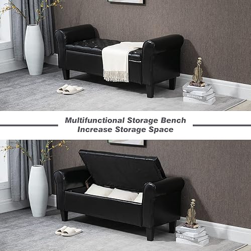 Miniatura 6 de ECOTOUGE Banco de almacenamiento para dormitorio, otomana con brazo enrollado, reposapiés tapizado de cuero rectangular para sala de estar, color