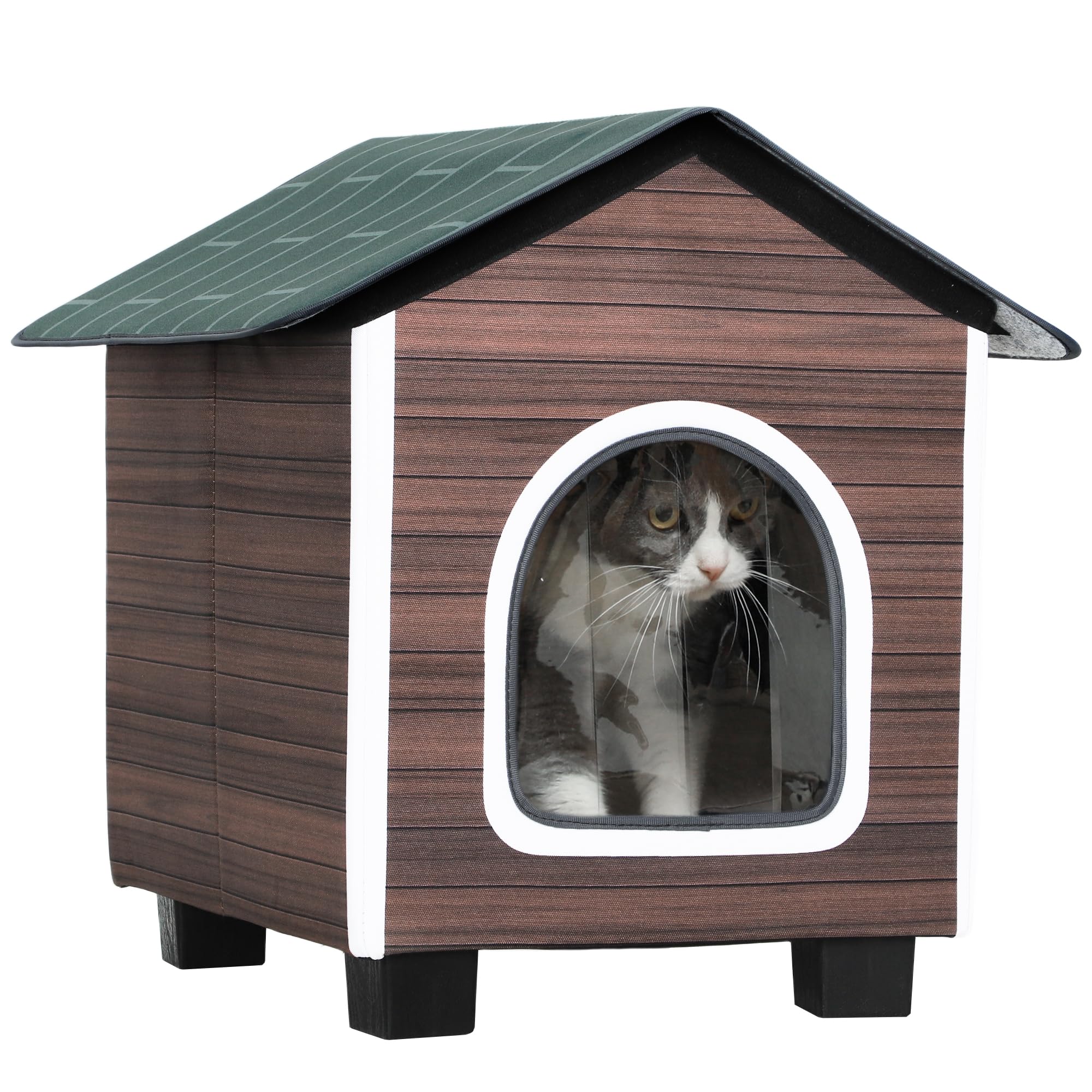 PawHut Insulated Outdoor Cat House, Water-Resistant Feral Cat Shelter with Elevated Base, Cushion, Pet House Indoor Outdoor for Stray Animals, Red-brown