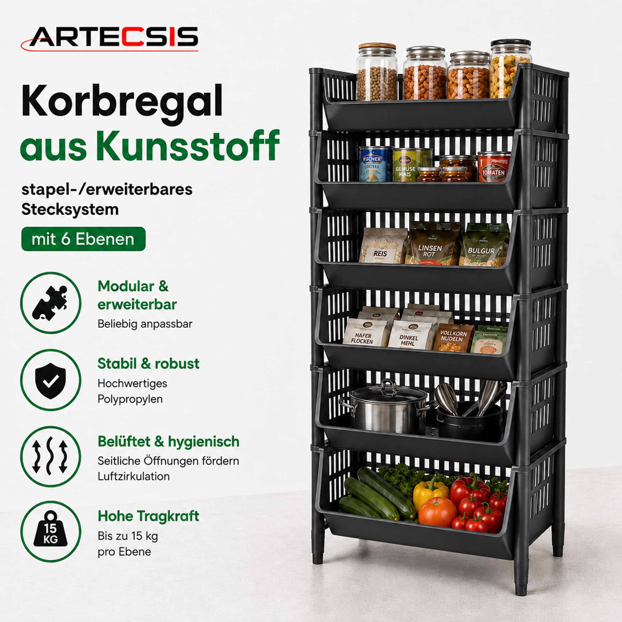 ARTECSIS® Korbregal aus Kunststoff mit 12 Körben stapelbar & modular erweiterbares Stecksystem schwarz 110cm hoch - Kellerregal & Vorratsregal für Lagerung - Abstellraum Steckregal & Lagerregal