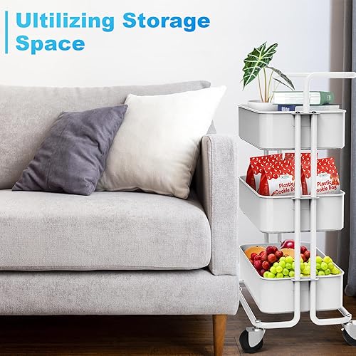 Miniatura 4 de Carrito utilitario de metal de 3 niveles, organizador de malla con asa y ruedas con bloqueo, carrito de almacenamiento multifuncional para cocina,