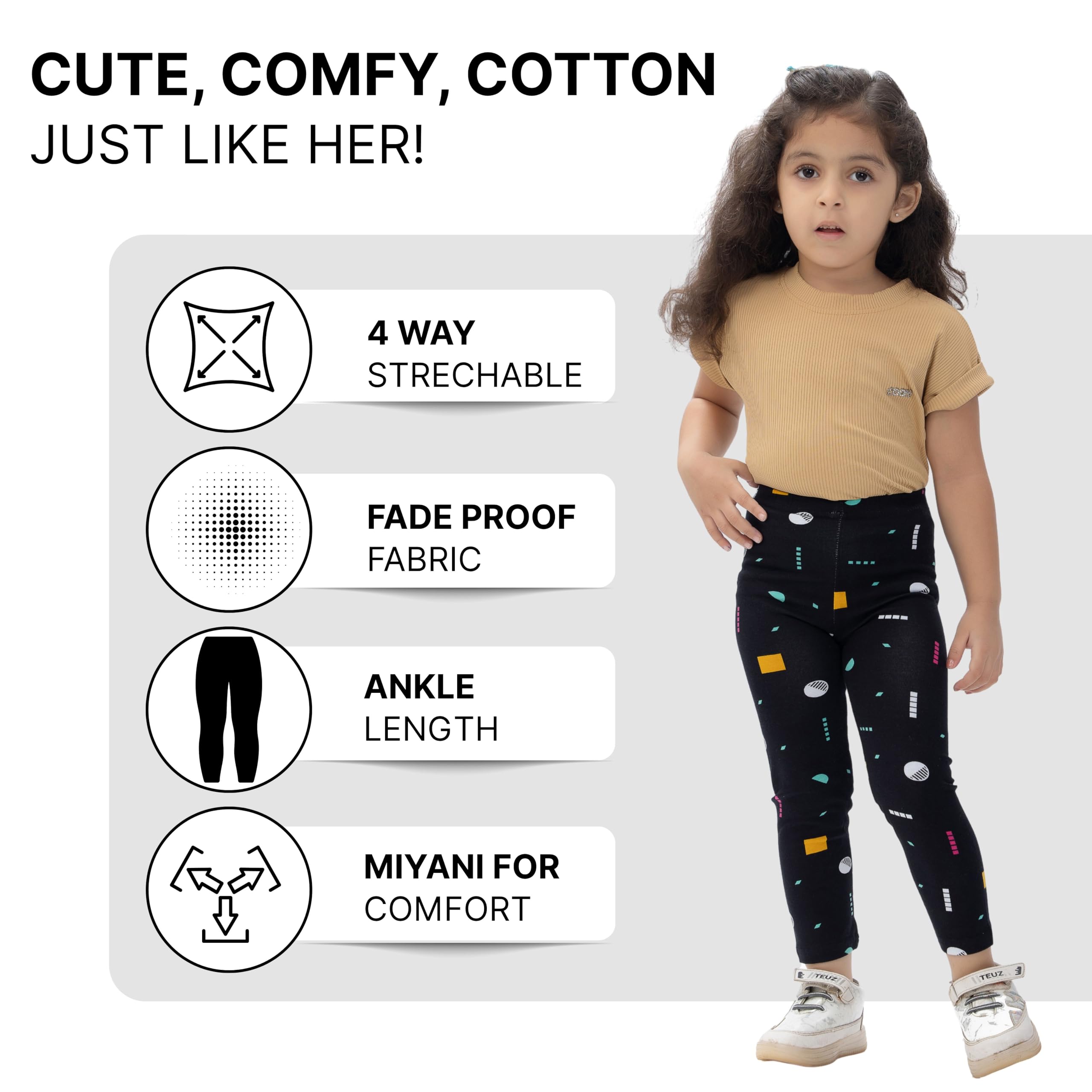 comfycute Pure Cotton Girls Leggings Kids Stretchable Ankle Length Soft Non-Transparent Printed Bottom Wear for Daily Use | Breathable Skin-Friendly Regular Fit All Day Comfort - Image 2 thumbnail
