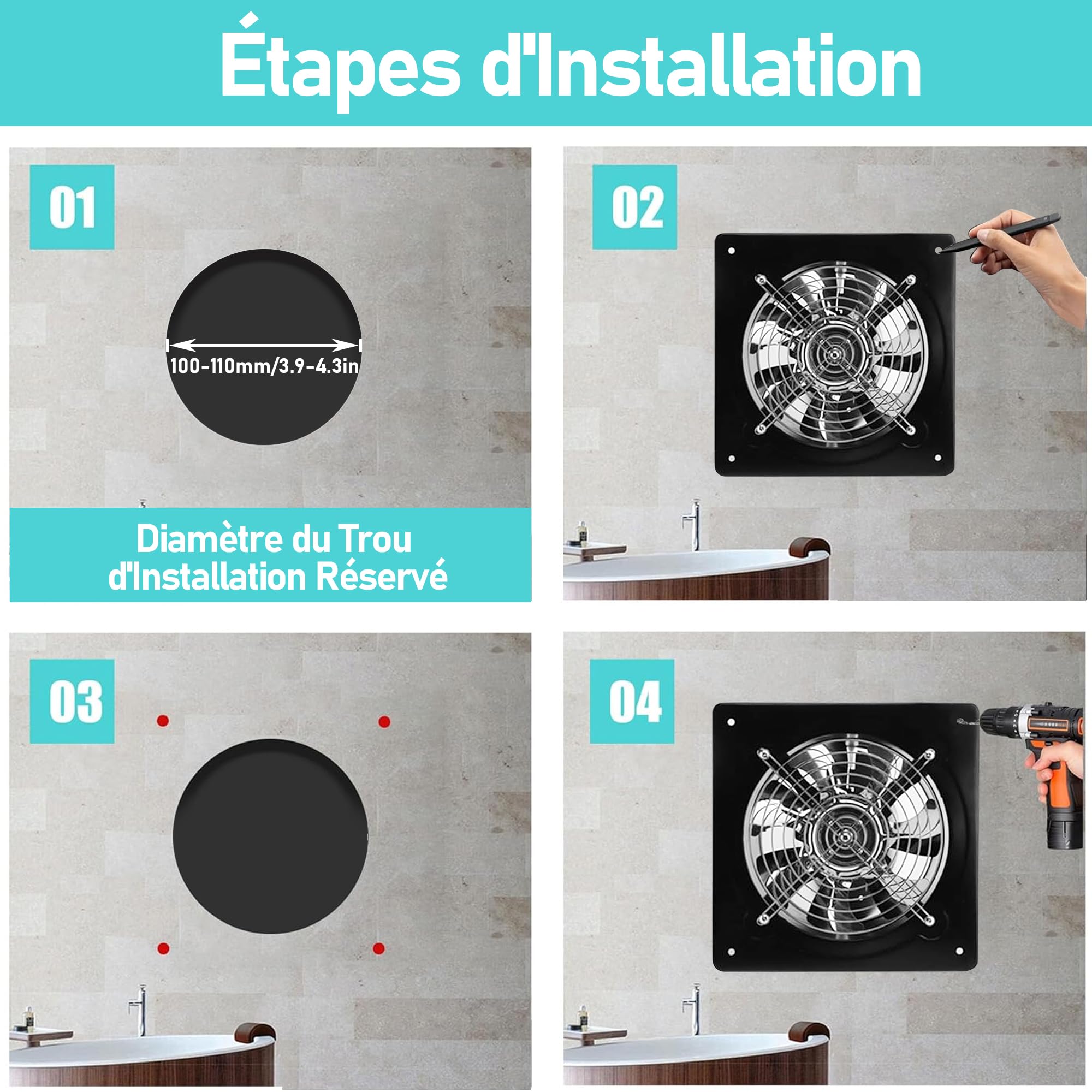 100mm Ventilateur Extracteur d’Air avec Interrupteur, 4 Inch 140m³/h Ventilateur Extraction Cuisine Mural pour Maison Salle de Bain Garage Industriel(Noir)