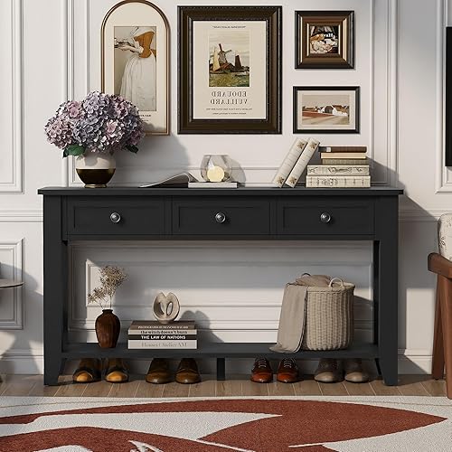 Miniatura 23 de Polibi Mesa consola superior de madera de pino macizo, mesa auxiliar moderna para sofá de entrada con 3 cajones de almacenamiento y 2 estantes