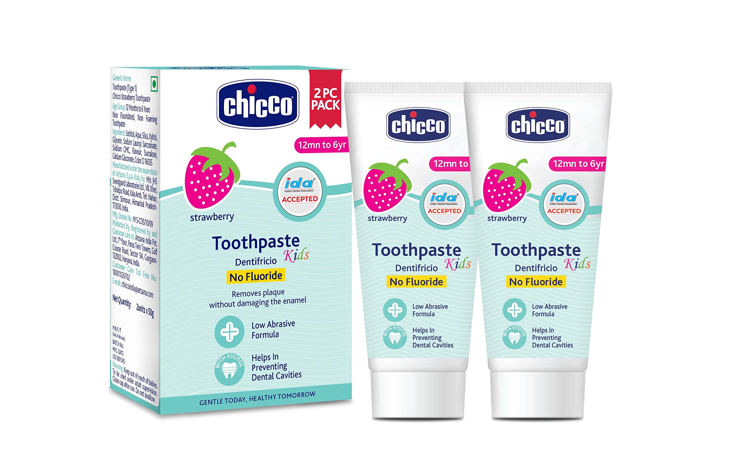 Chicco Toothpaste for Kids, Best for Baby (1y-6y), Strawberry Flavour, 50g (Pack of 2) | Fluoride-Free & Low Abrasive | Removes Plaque, Helps Prevent Cavities | IDA Accepted
